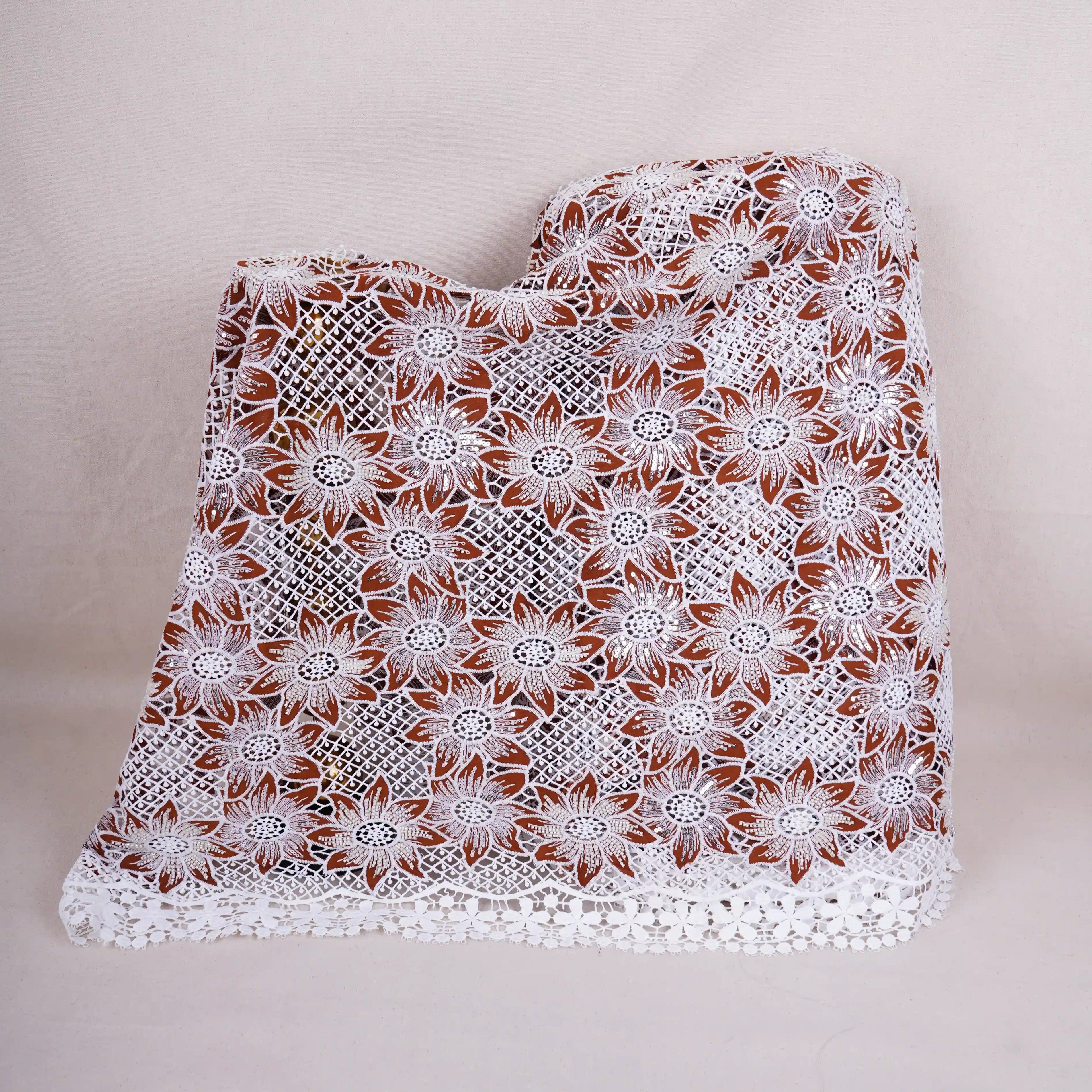 Brown Cutdana Floral Schiffli Embroidery Crepe Fabric DVT-30572 - TradeUNO
