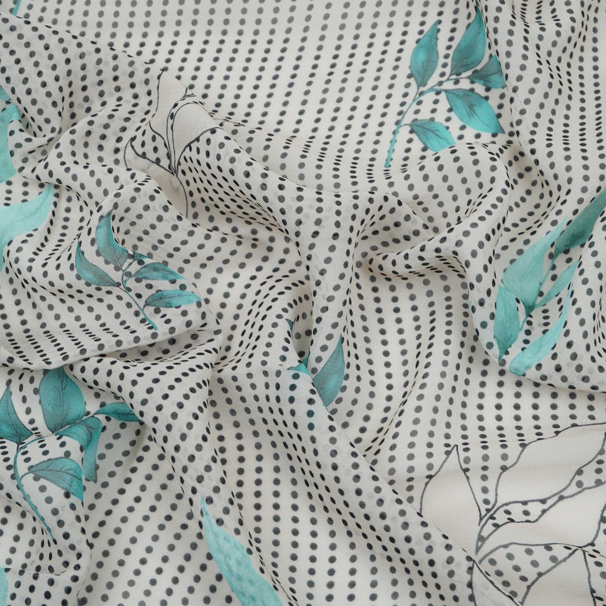 Turquoise & Black Floral Print Georgette Fabric VP-32367 - TradeUNO