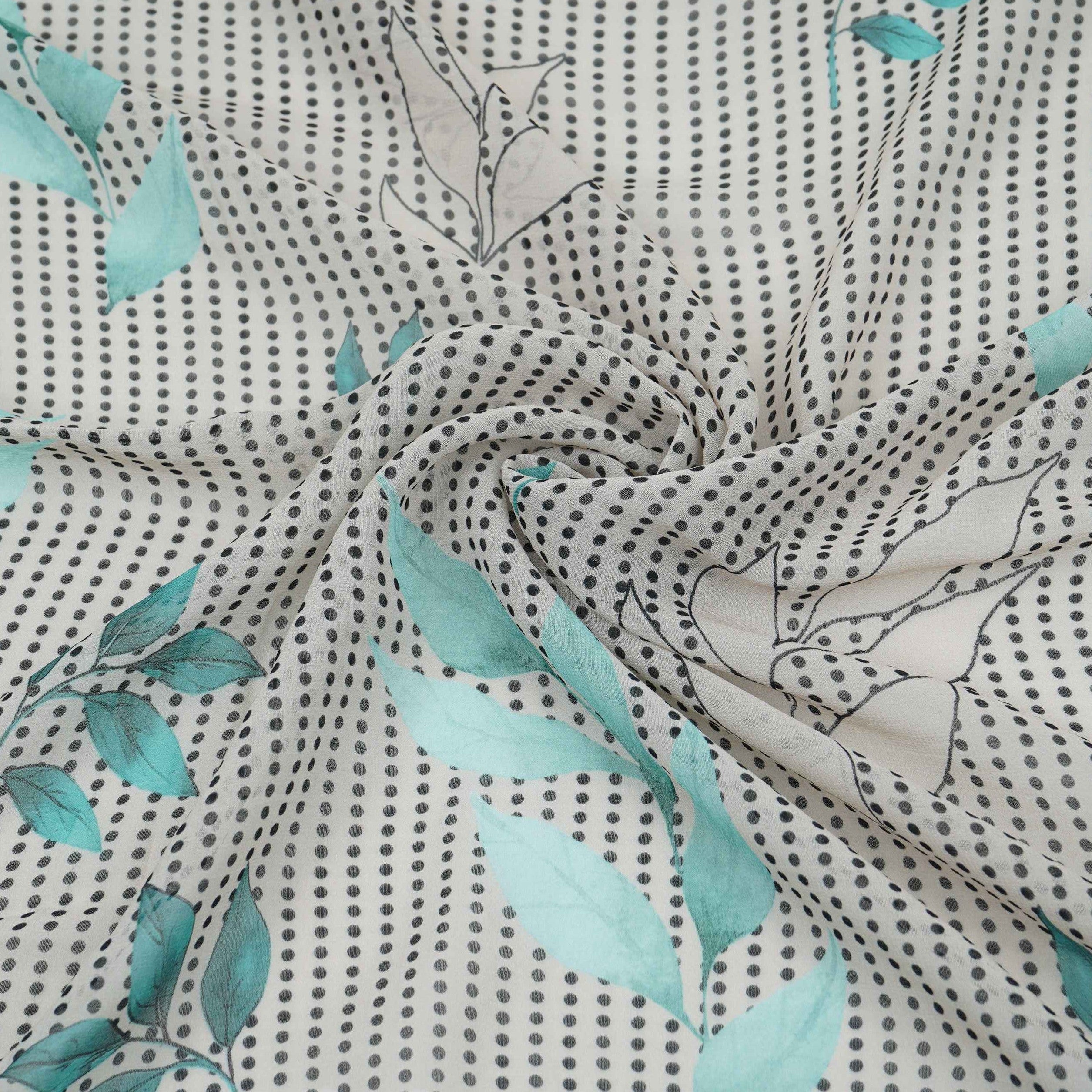 Turquoise & Black Floral Print Georgette Fabric VP-32367 - TradeUNO