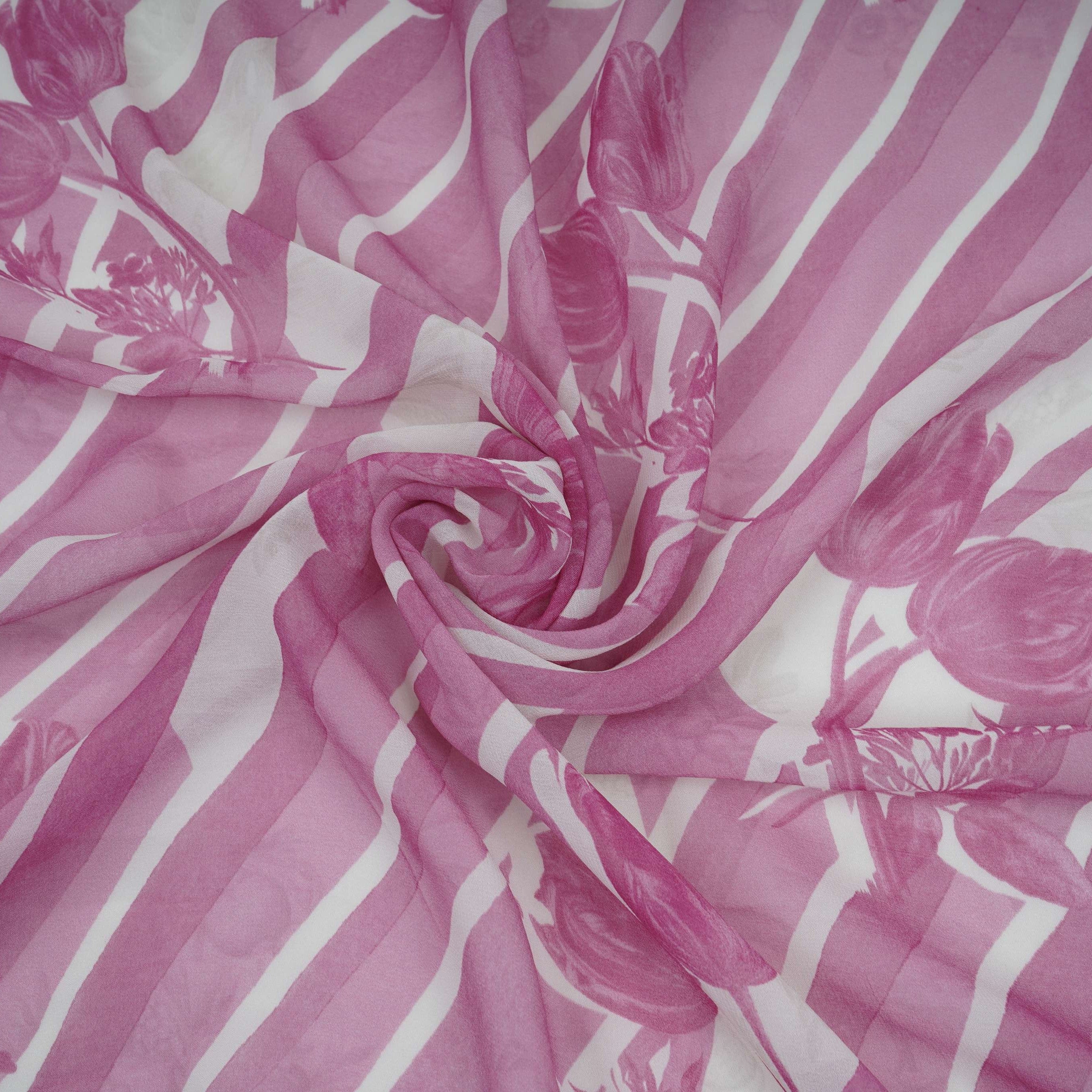 Magenta Pink With Cream Floral Print Georgette Fabric VP-32358 - TradeUNO