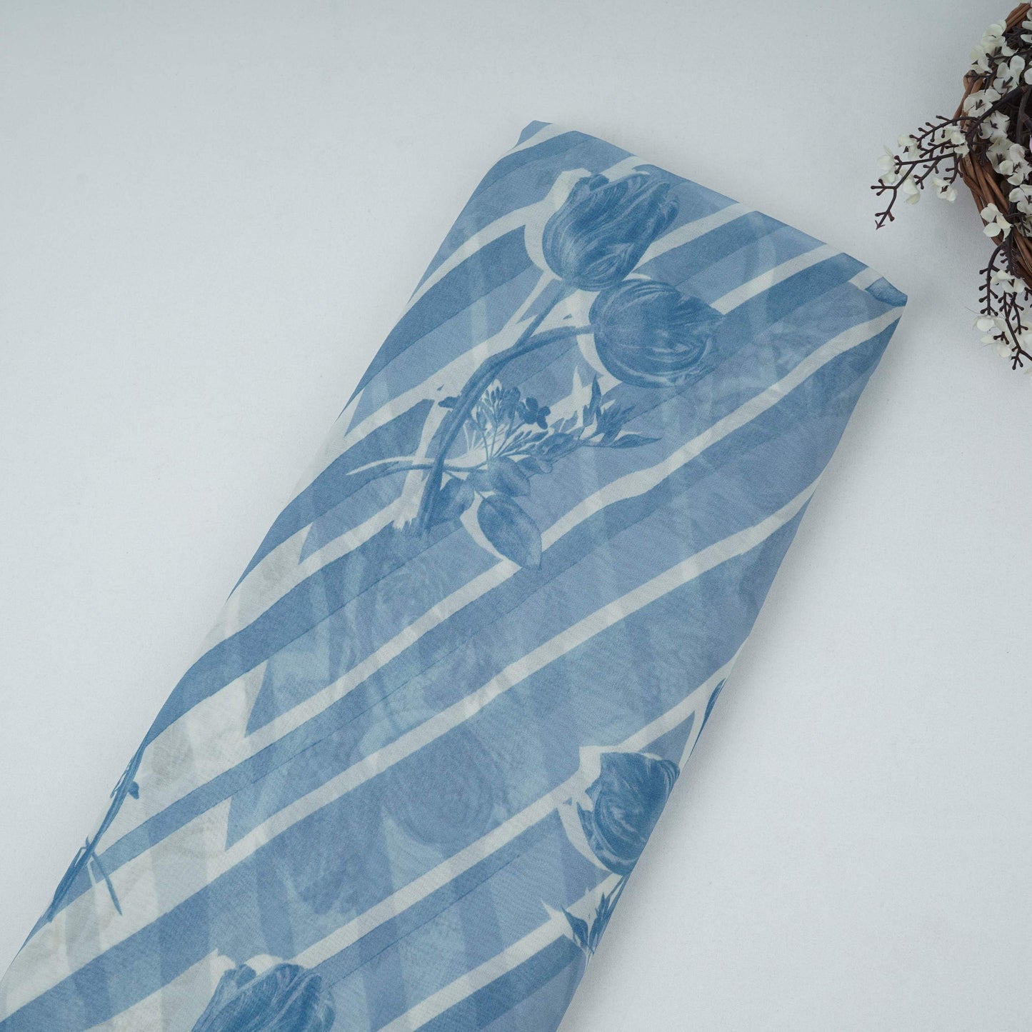 Blue With Cream Floral Print Georgette Fabric VP-32359