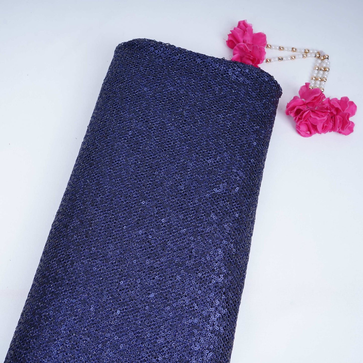 Navy Blue Sequins Embroidery Net Fabric LI-32180