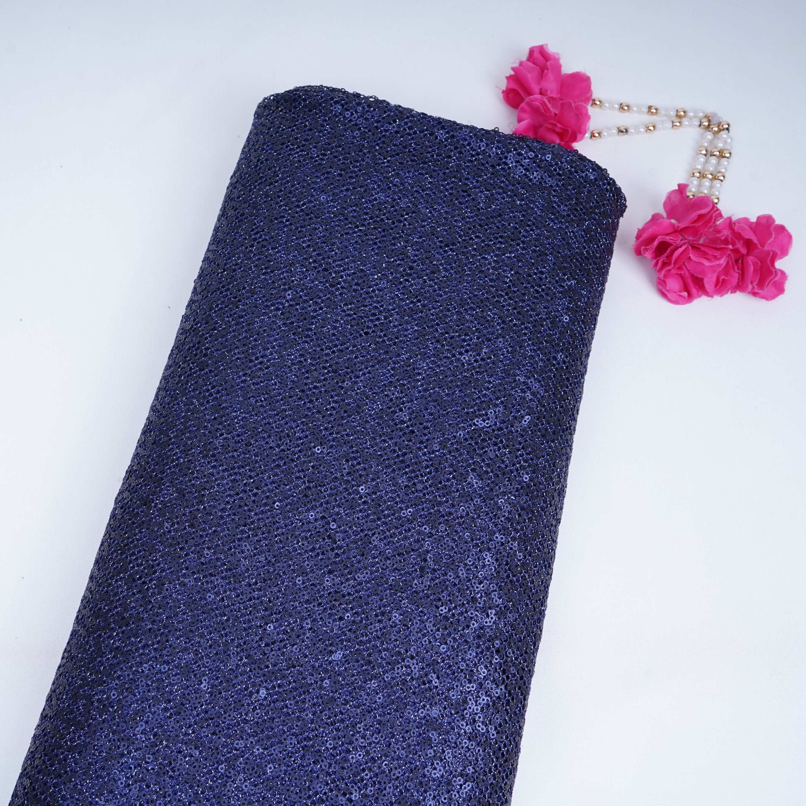 Navy Blue Sequins Embroidery Net Fabric LI-32180 - TradeUNO