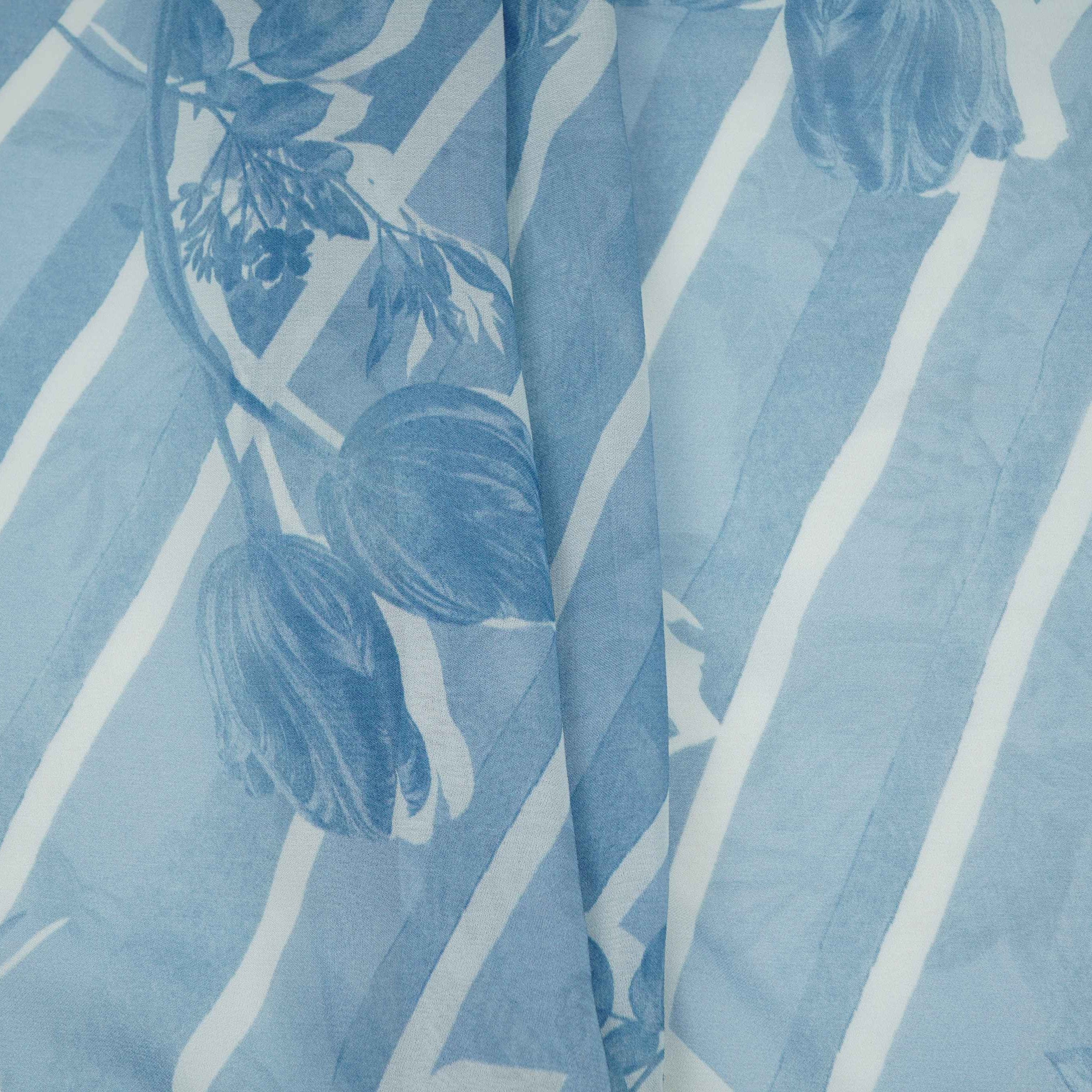 Blue With Cream Floral Print Georgette Fabric VP-32359 - TradeUNO