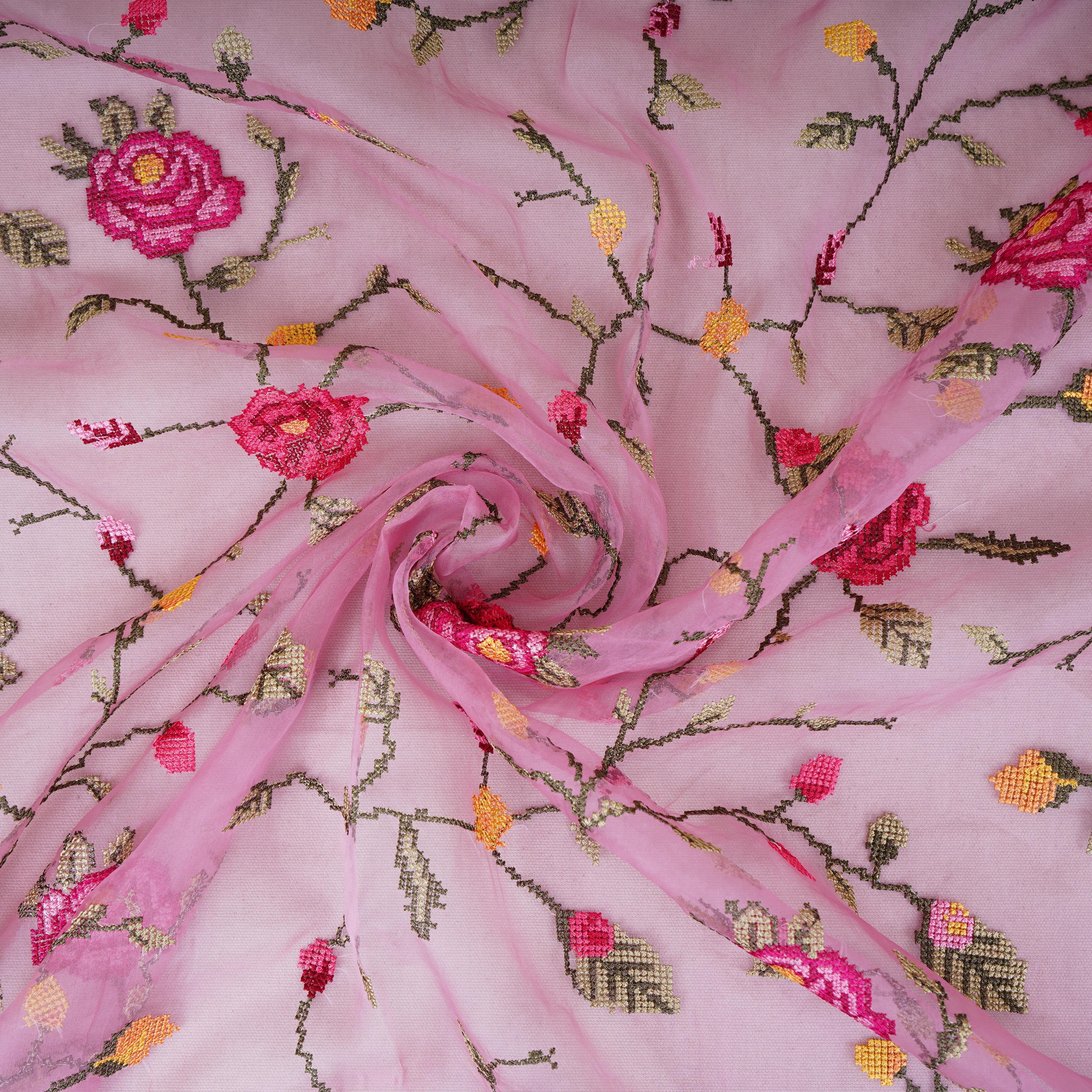 Pink French Knot Embroidery Organza Fabric GTS-30501 - TradeUNO