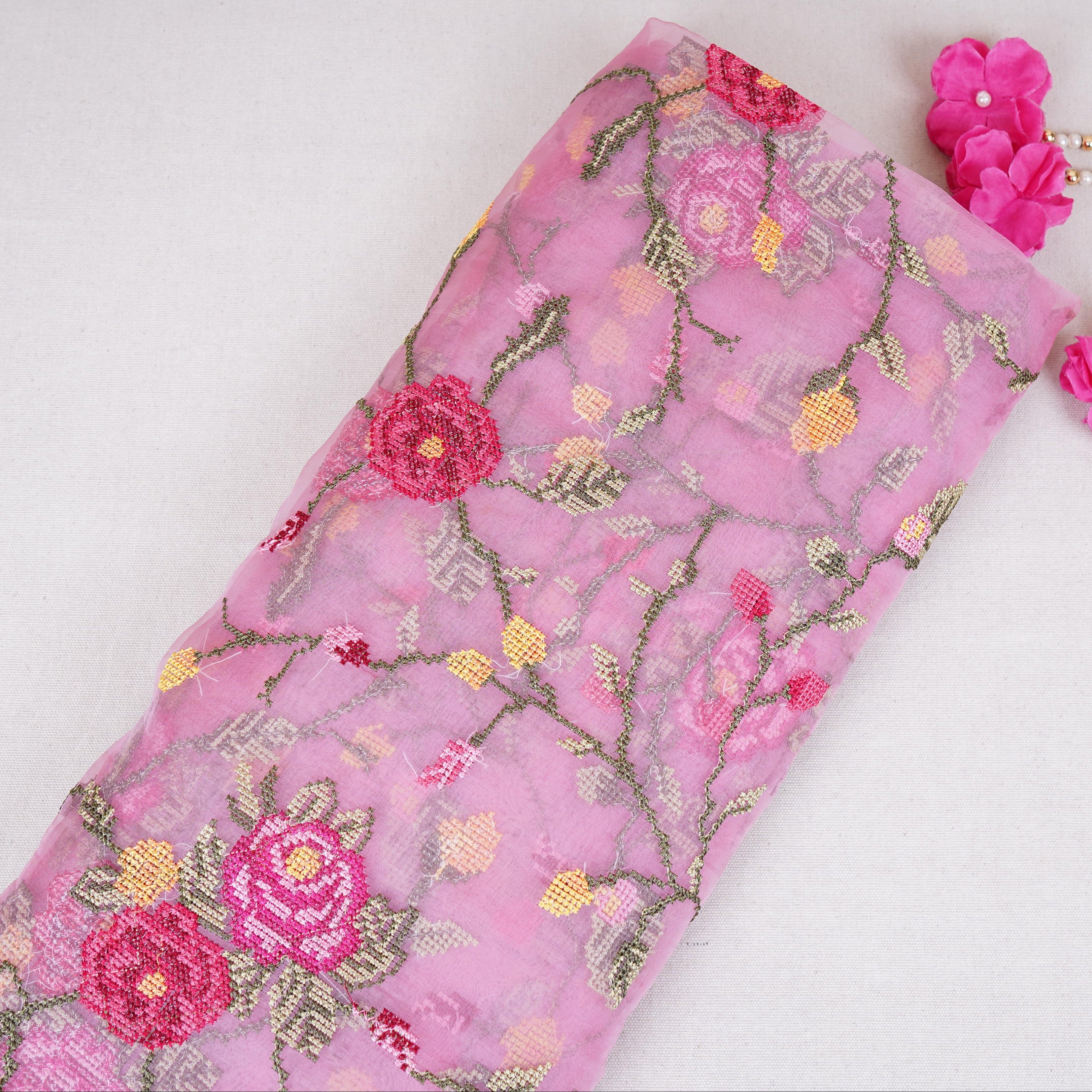 Pink French Knot Embroidery Organza Fabric GTS-30501 - TradeUNO
