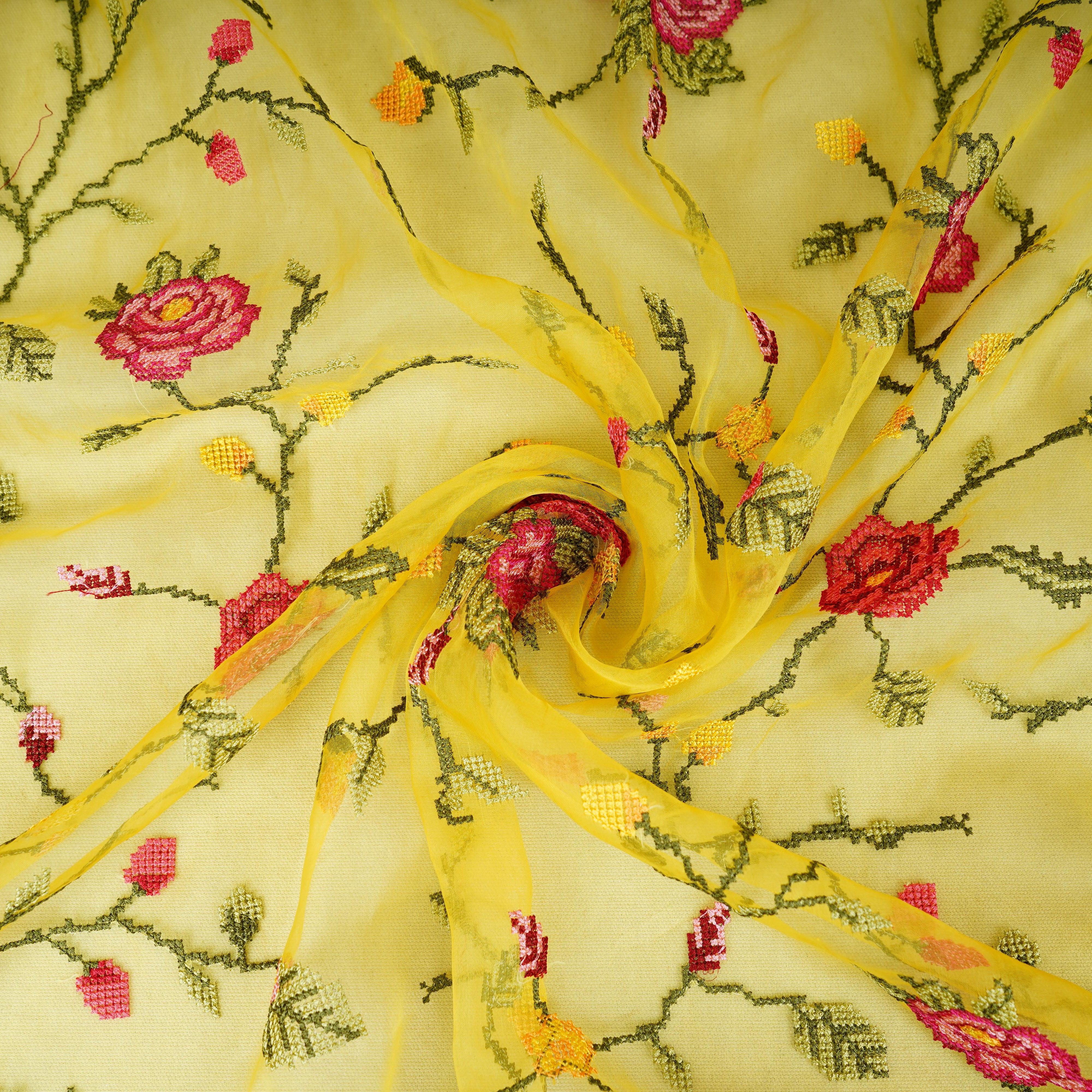 Yellow French Knot Embroidery Organza Fabric GTS-30499 - TradeUNO