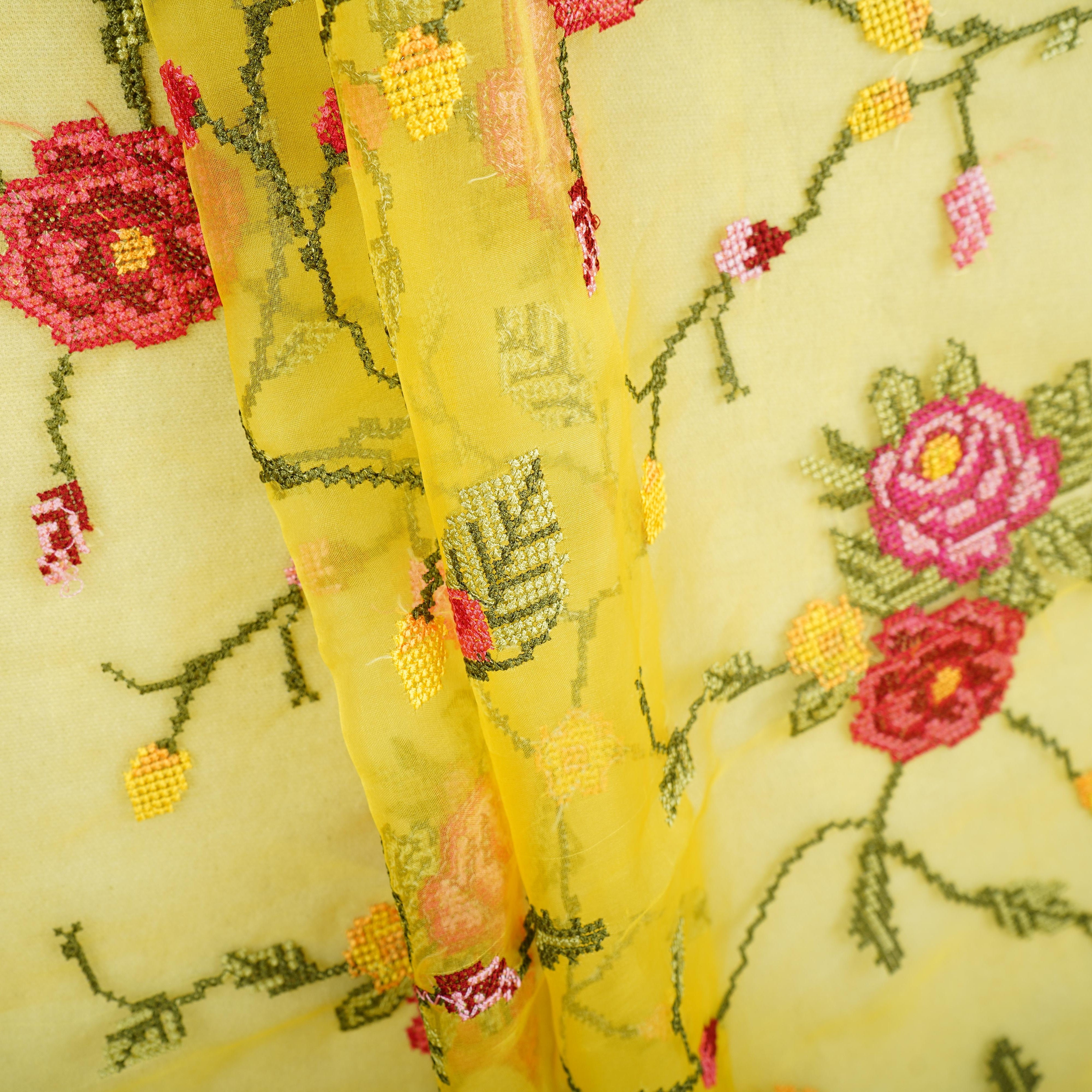 Yellow French Knot Embroidery Organza Fabric GTS-30499 - TradeUNO