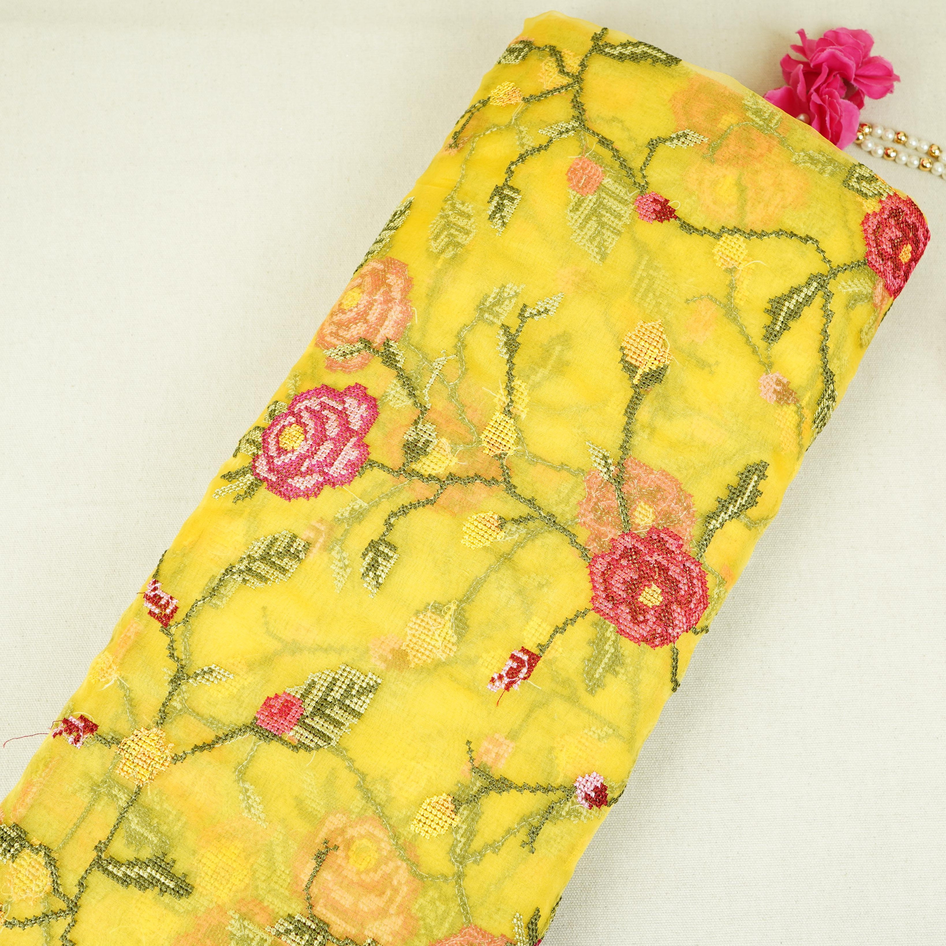 Yellow French Knot Embroidery Organza Fabric GTS-30499 - TradeUNO