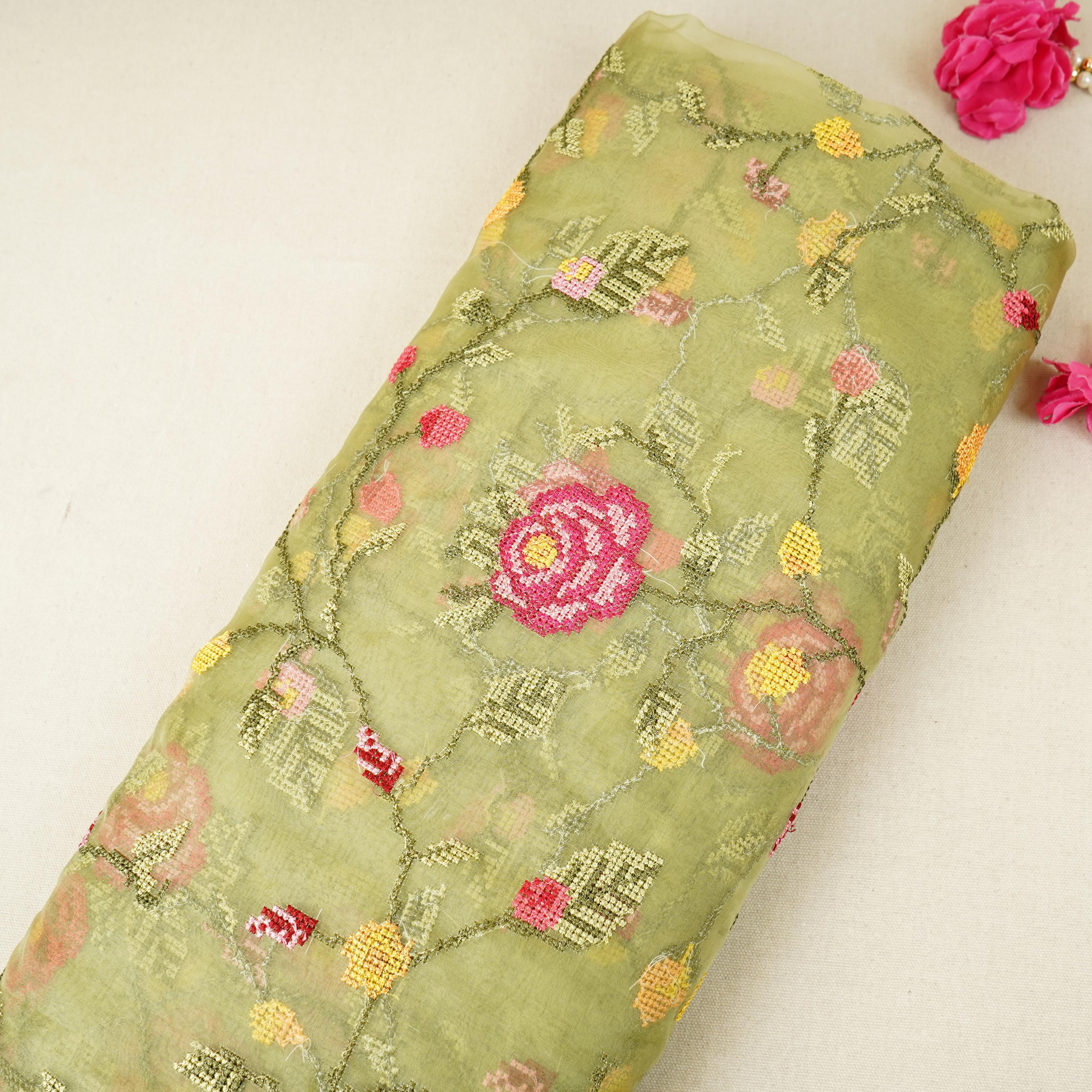 Green French Knot Embroidery Organza Fabric GTS-30498 - TradeUNO