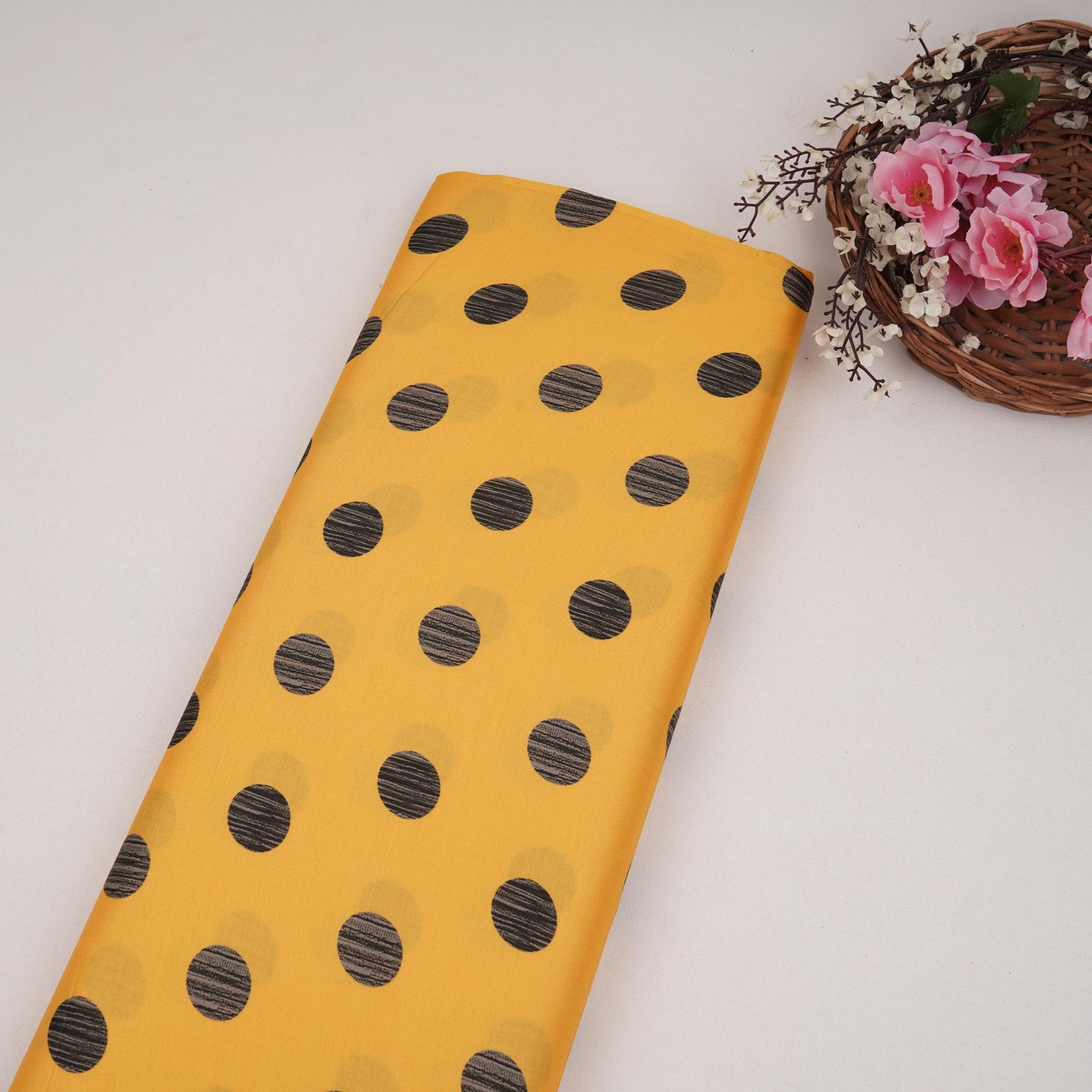 Mustard With Black Polka Dot Modal Satin Fabric VP-32352