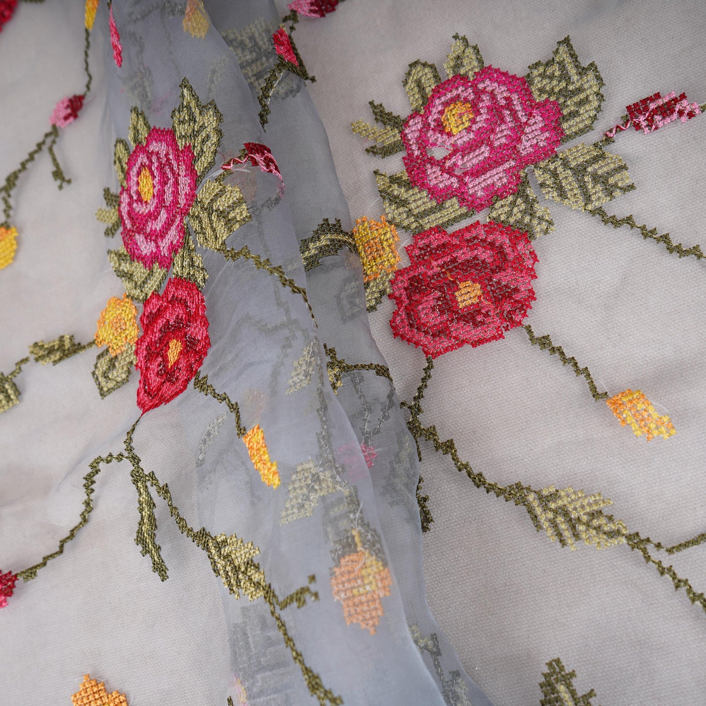 Blue Grey French Knot Embroidery Organza Fabric GTS-30500