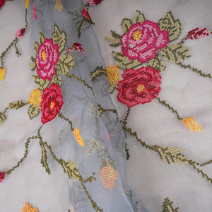 Blue Grey French Knot Embroidery Organza Fabric GTS-30500 - TradeUNO