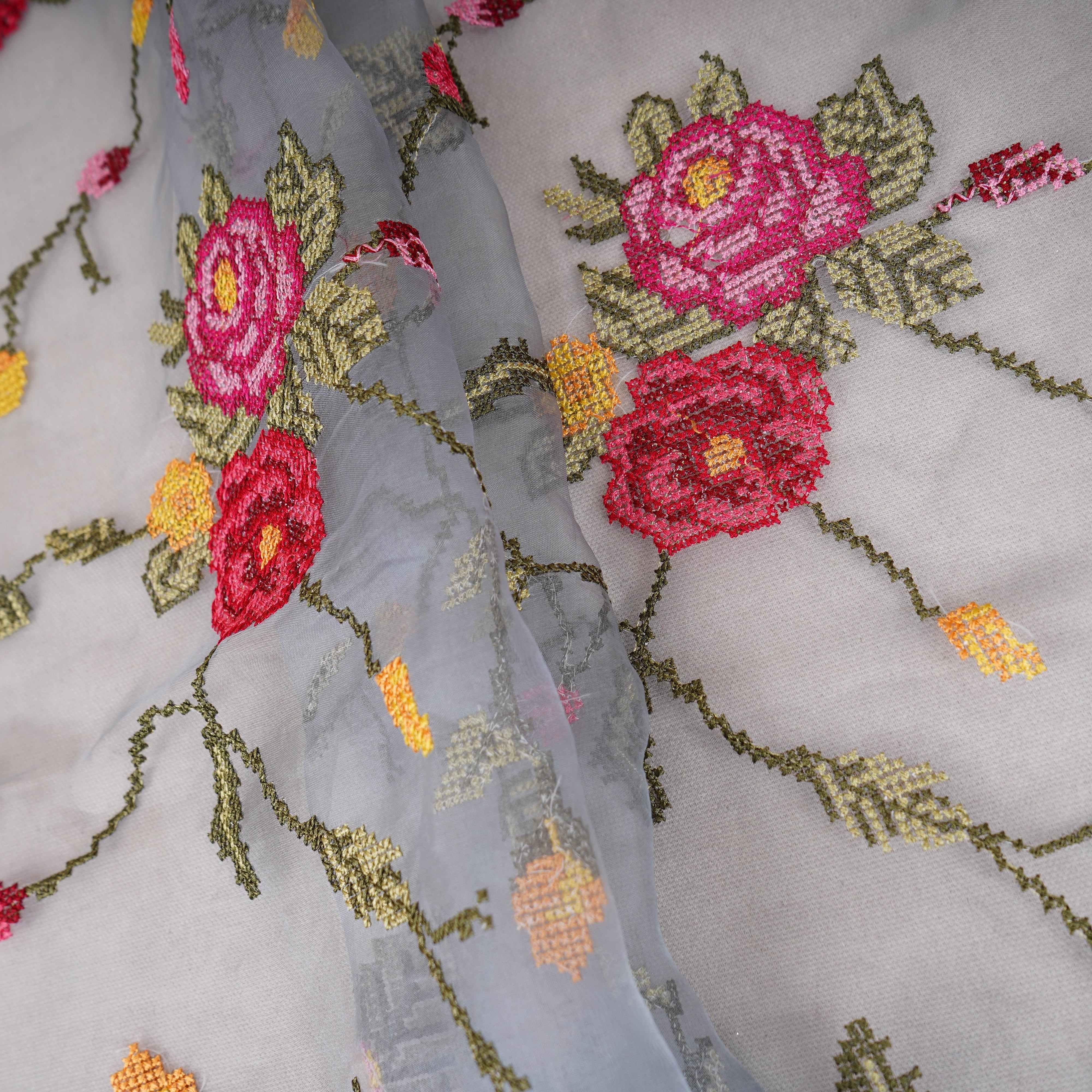 Blue Grey French Knot Embroidery Organza Fabric GTS-30500 - TradeUNO