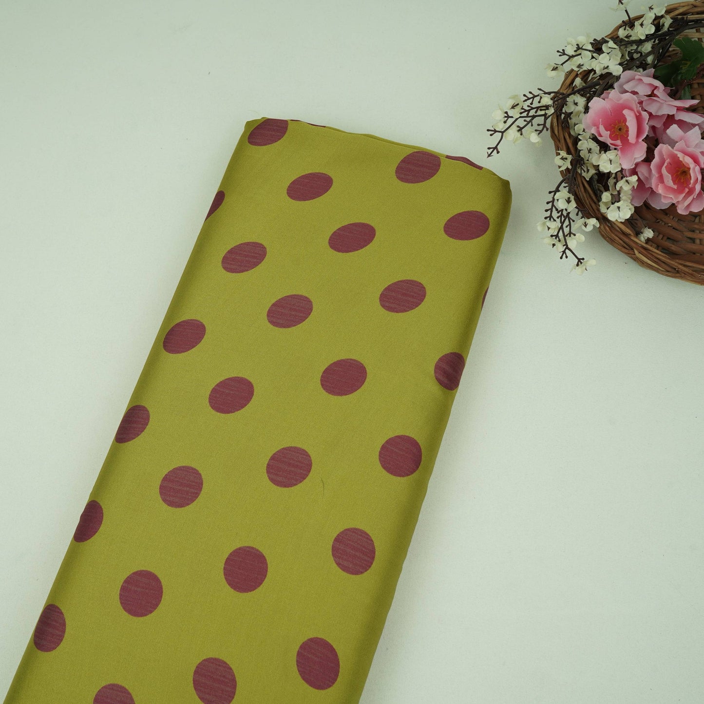 Green With Maroon Polka Dot Modal Satin Fabric VP-32349