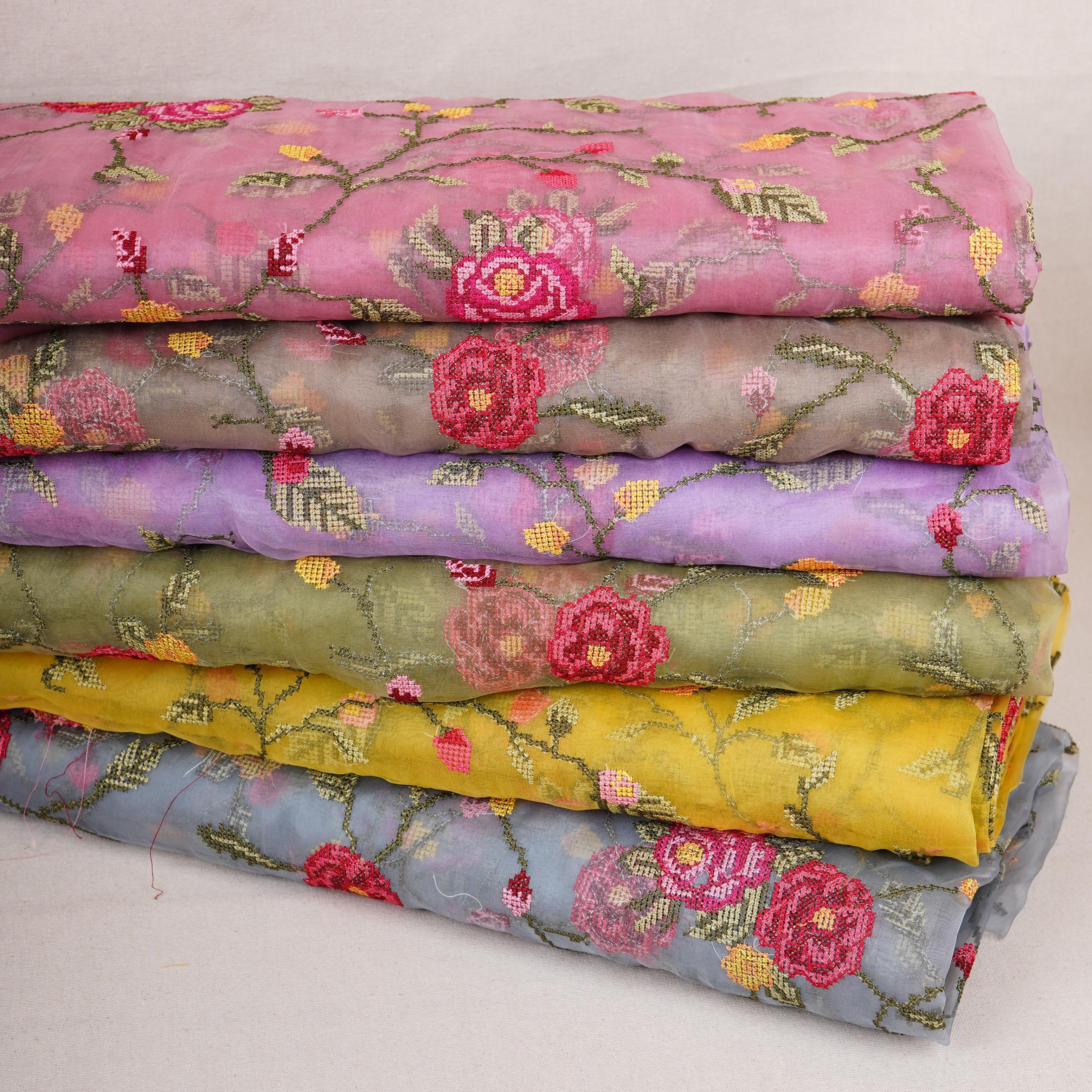 Yellow French Knot Embroidery Organza Fabric GTS-30499 - TradeUNO