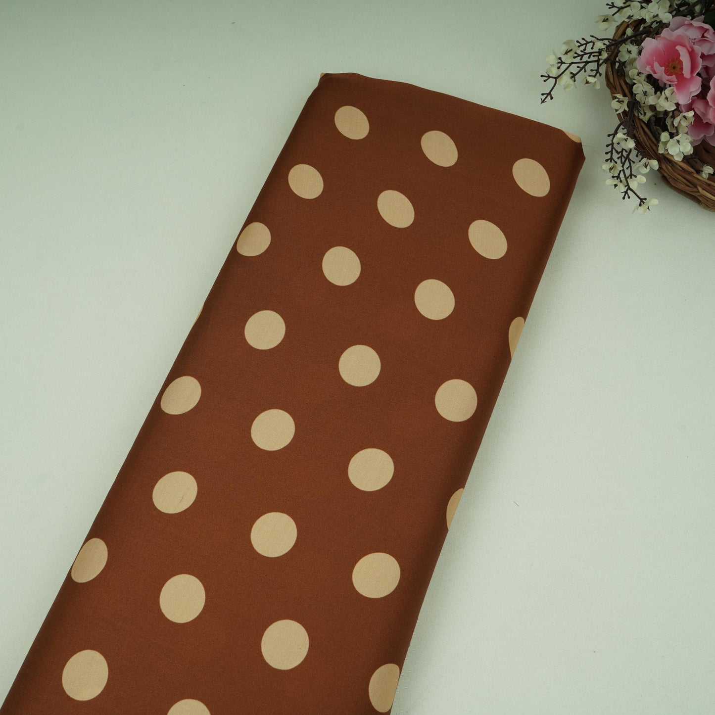 Brown With Cream Polka Dot Modal Satin Fabric VP-32354