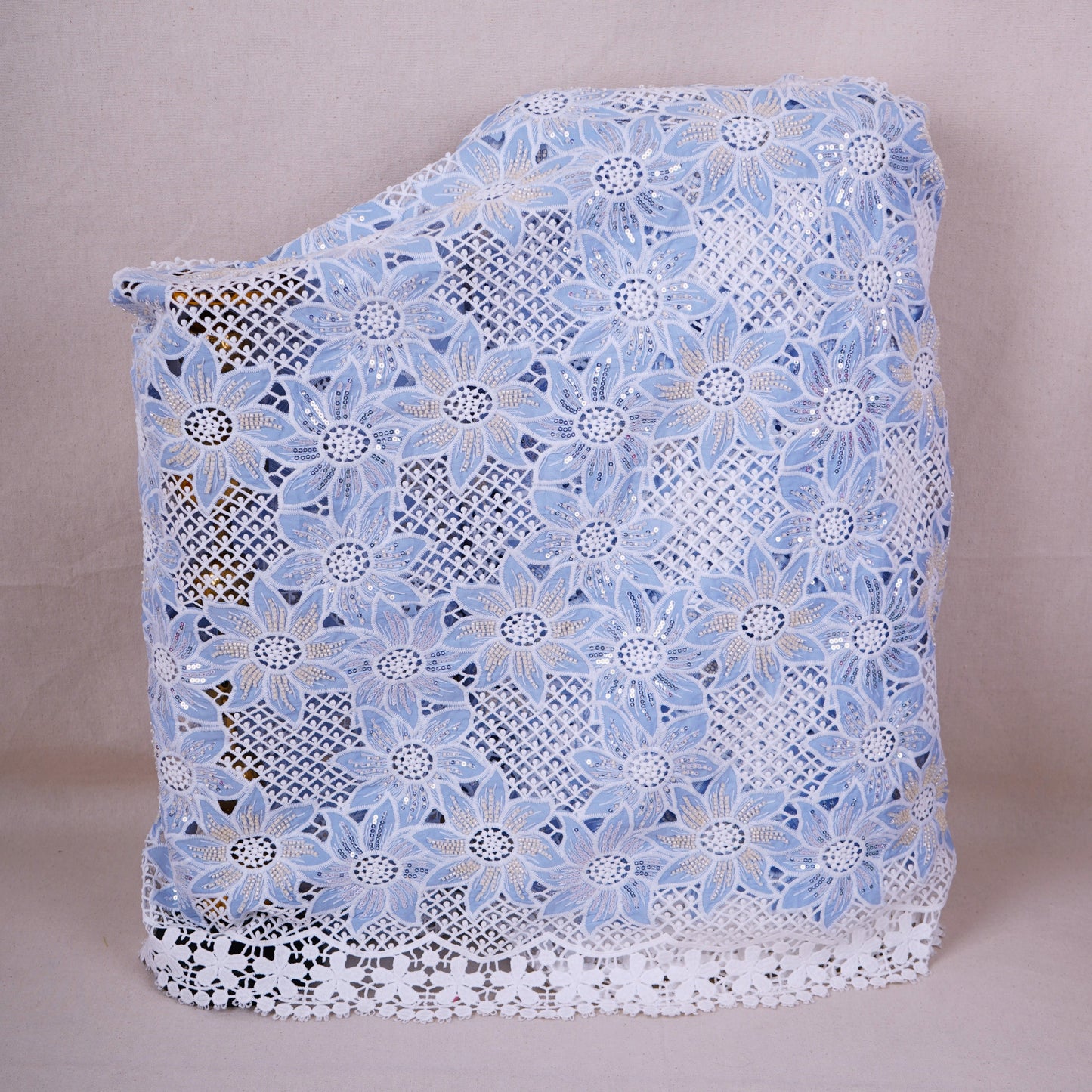 Sky Blue Cutdana Floral Schiffli Embroidery Crepe Fabric DVT-30569