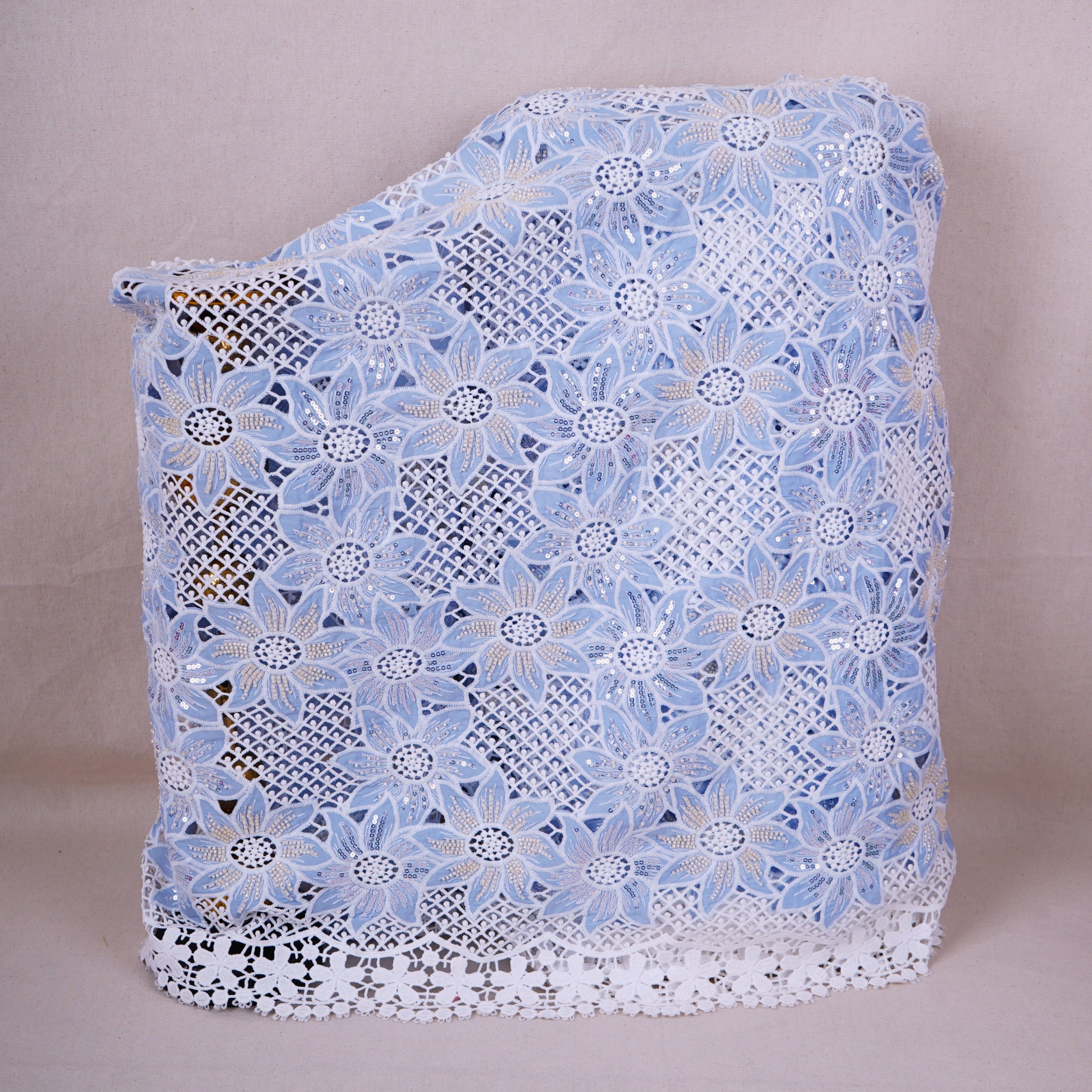 Sky Blue Cutdana Floral Schiffli Embroidery Crepe Fabric DVT-30569 - TradeUNO