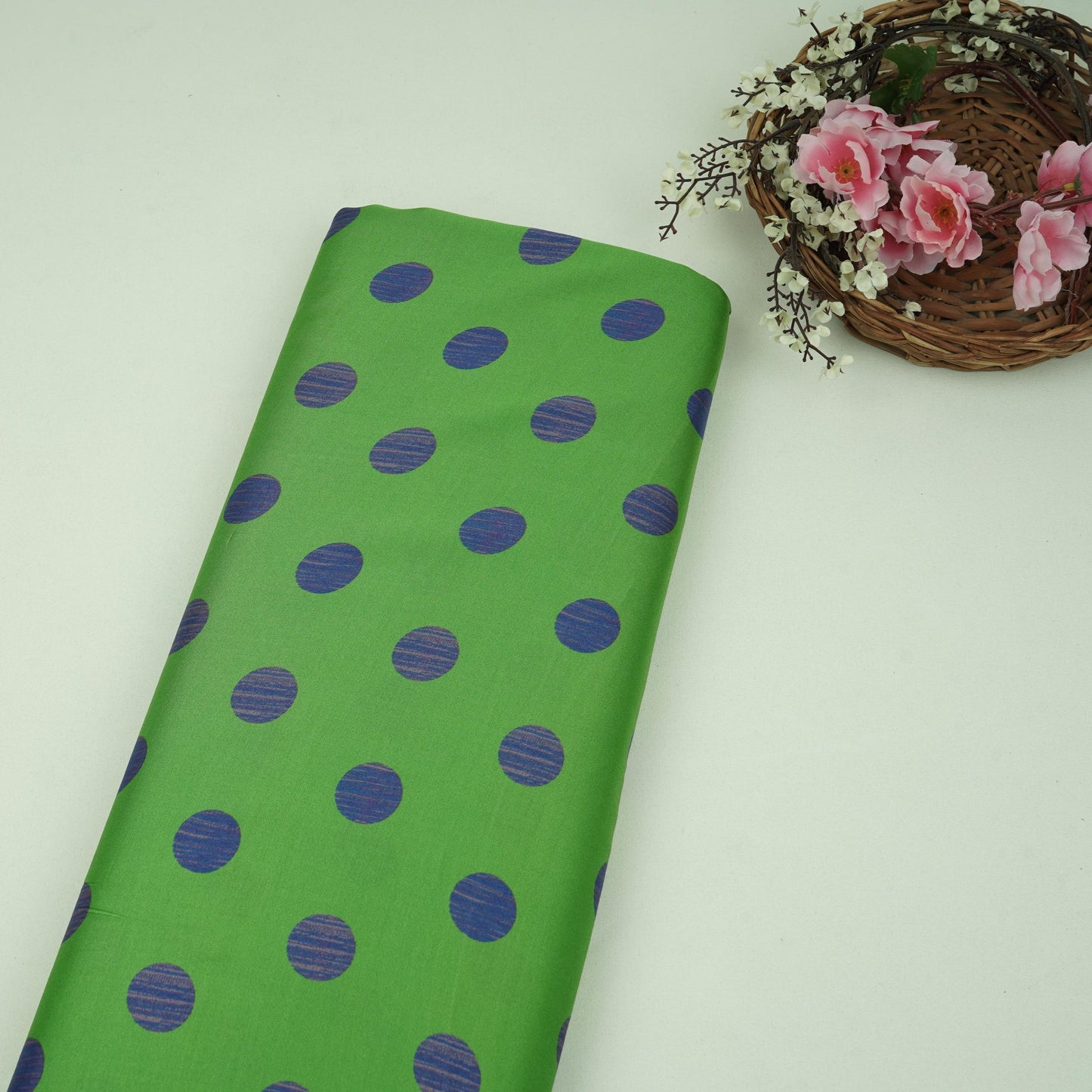 Green With Blue Polka Dot Modal Satin Fabric VP-32350