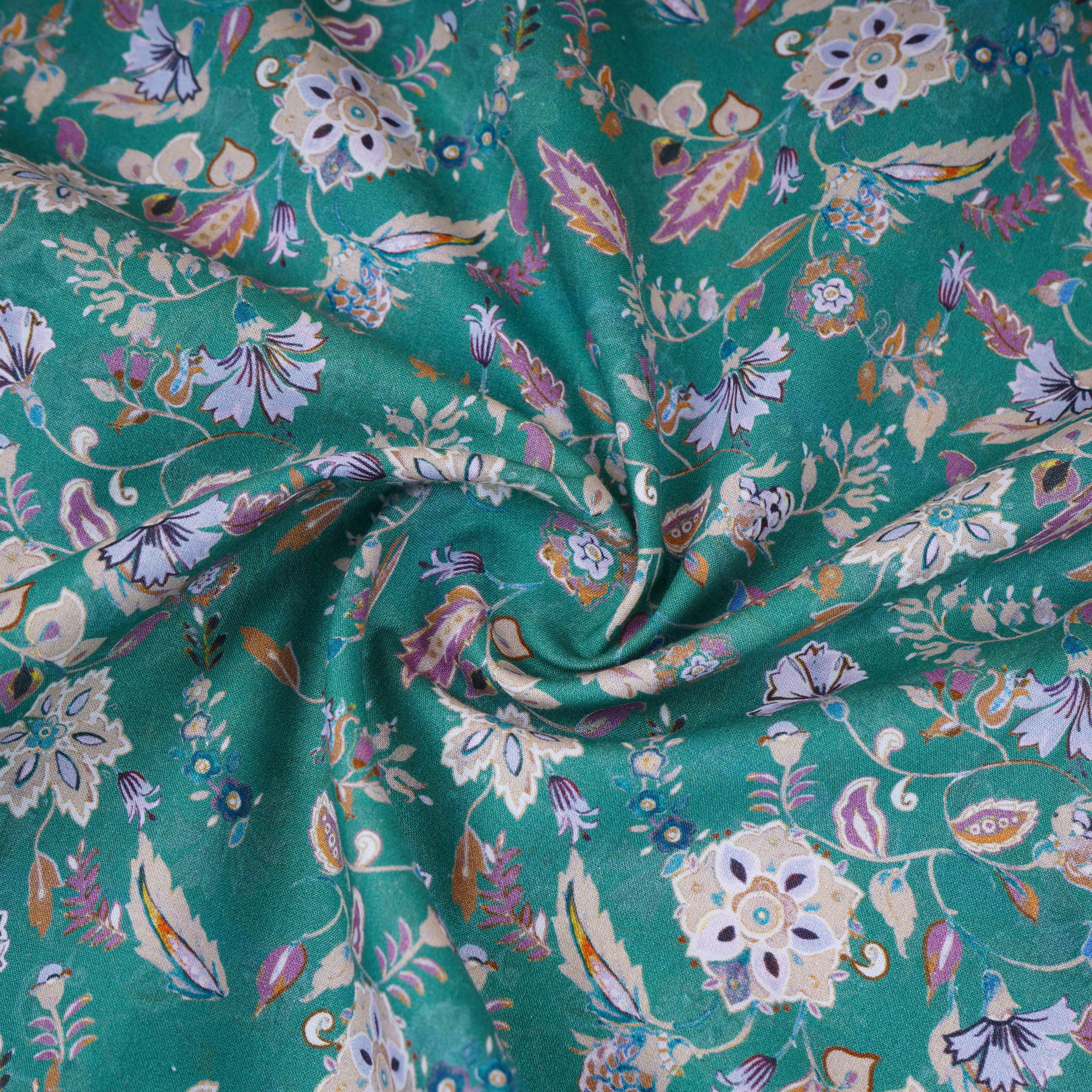 Green Floral Print Cotton Mulmul Fabric PG-30389 - TradeUNO
