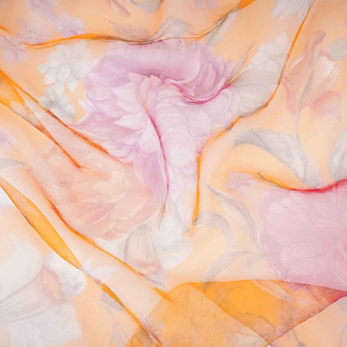 Mustard Yellow floral print 22gm Pure Silk Organza Fabric GTS-31139