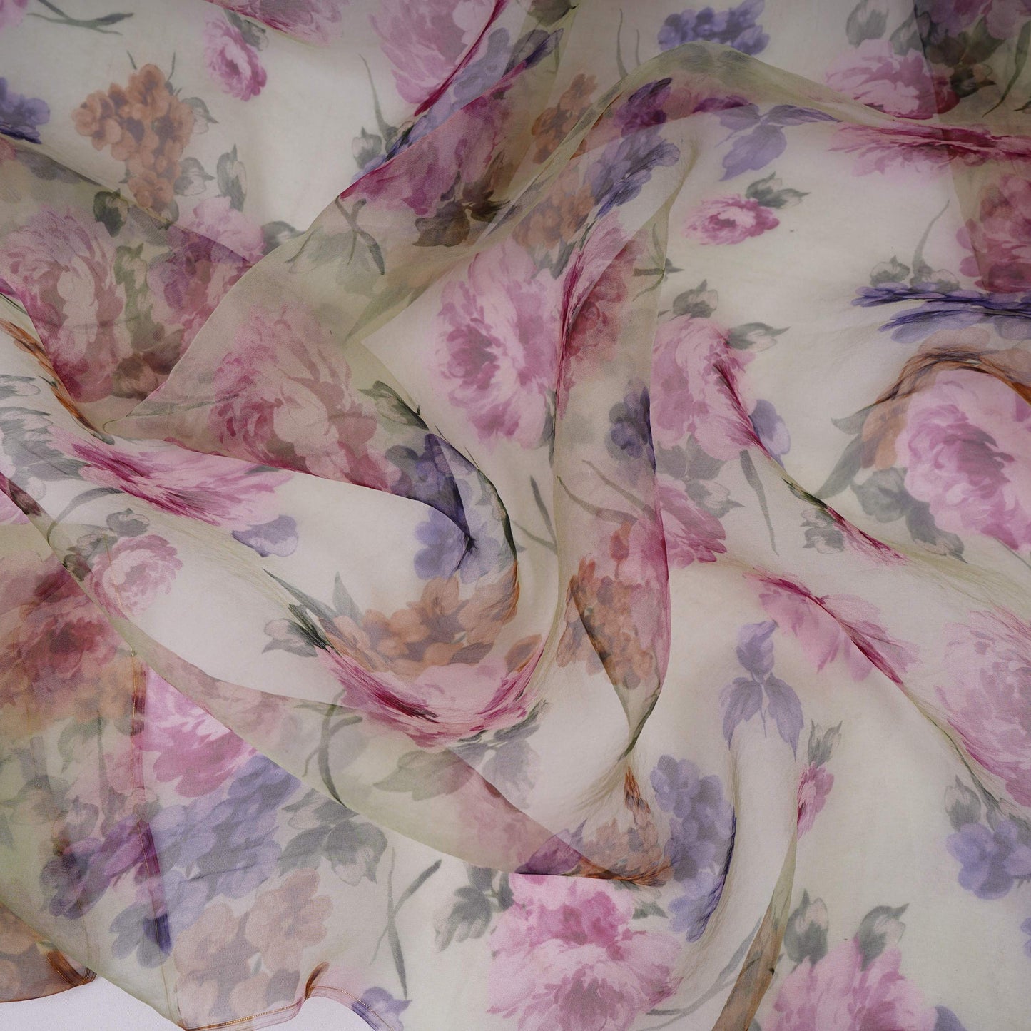 Sage Green floral print 22gm Pure Silk Organza Fabric GTS-31141