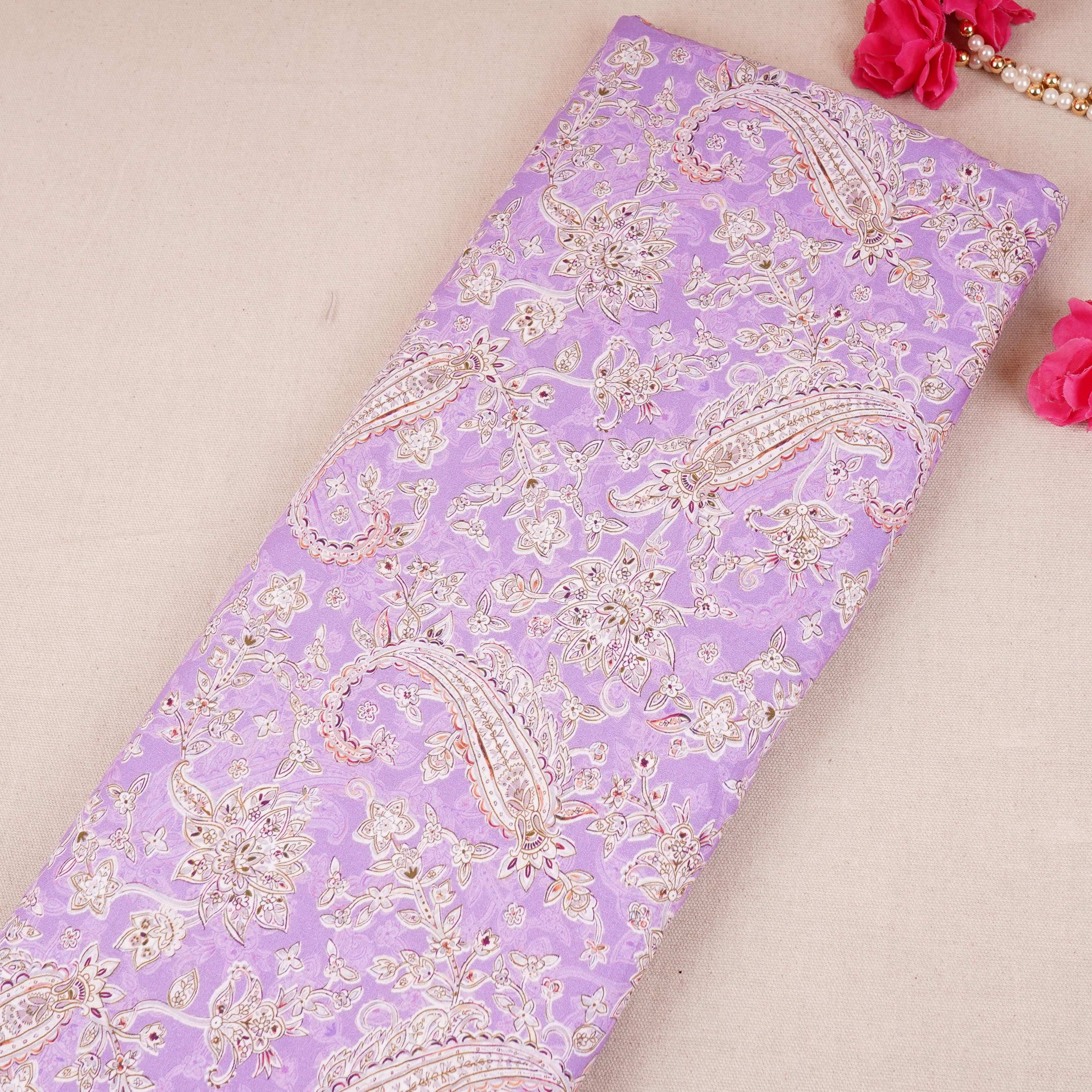 Lavender & Grey Paisley Print Cotton Mulmul Fabric PG-30382 - TradeUNO