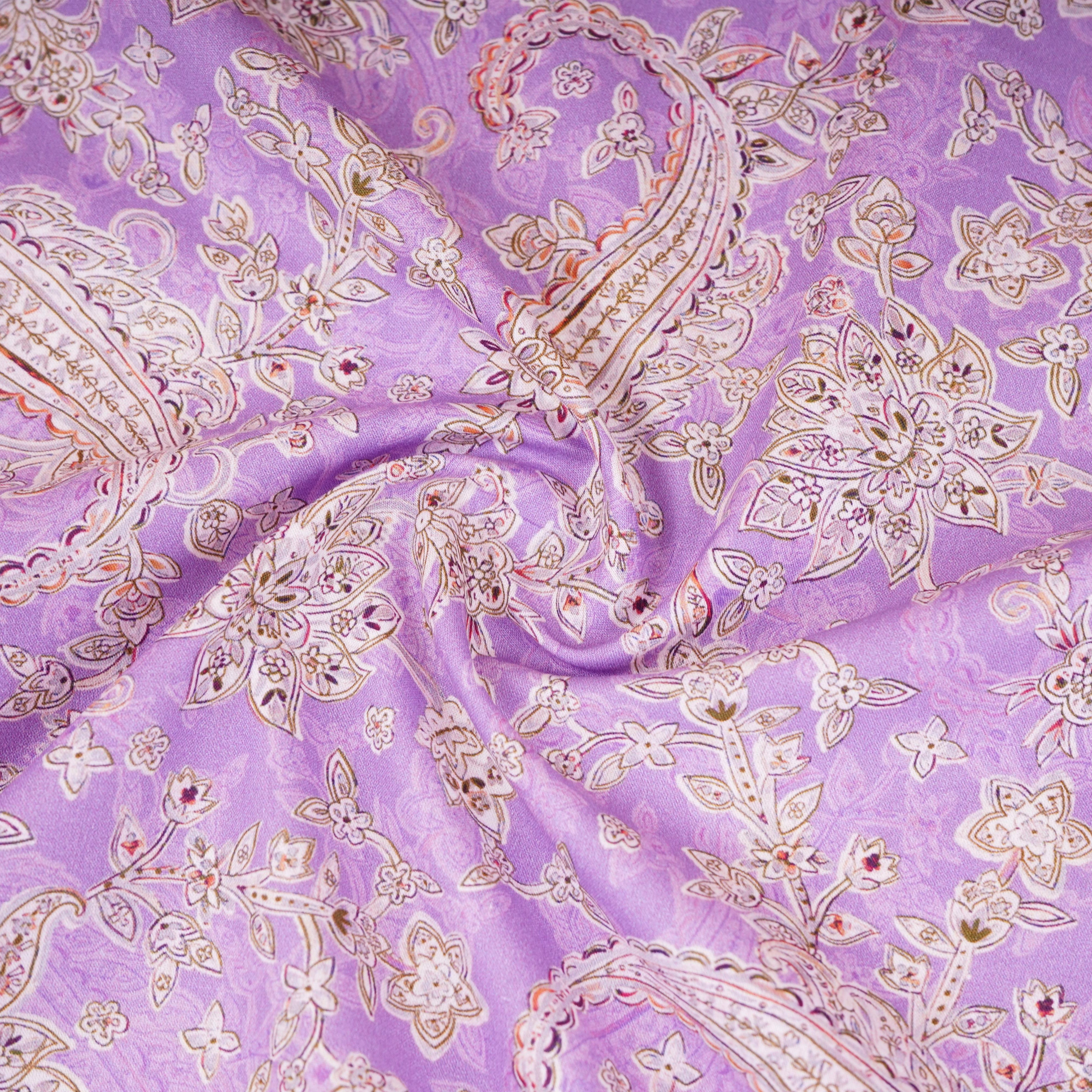 Lavender & Grey Paisley Print Cotton Mulmul Fabric PG-30382 - TradeUNO