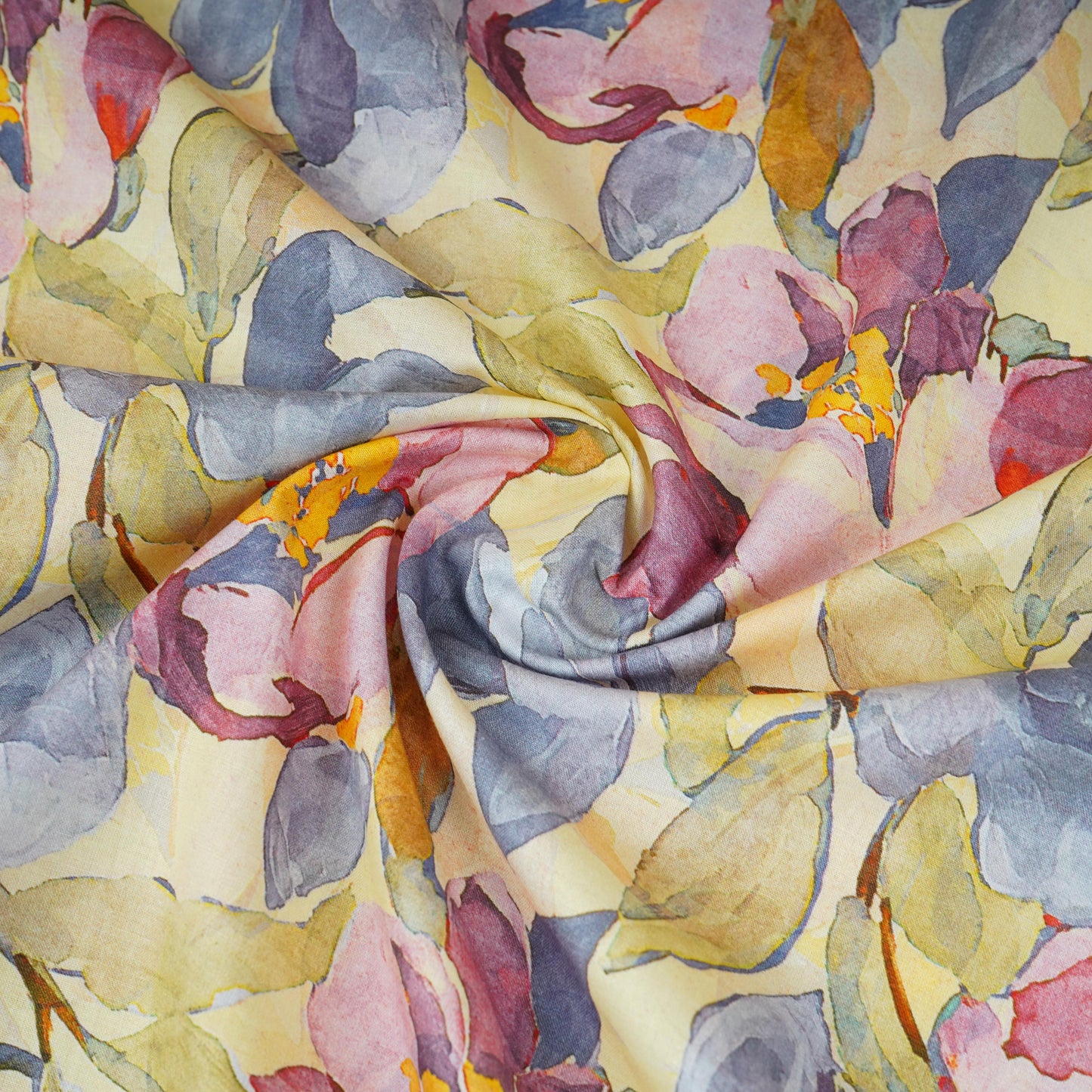 Yellow Floral Print Cotton Mulmul Fabric PG-30384