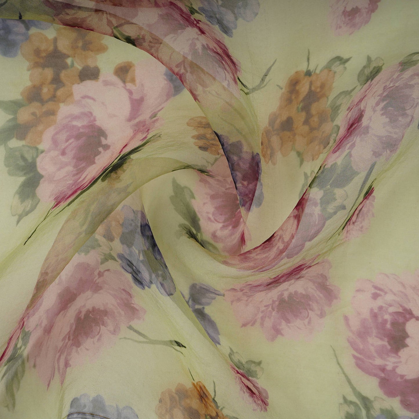 Sage Green floral print 22gm Pure Silk Organza Fabric GTS-31141
