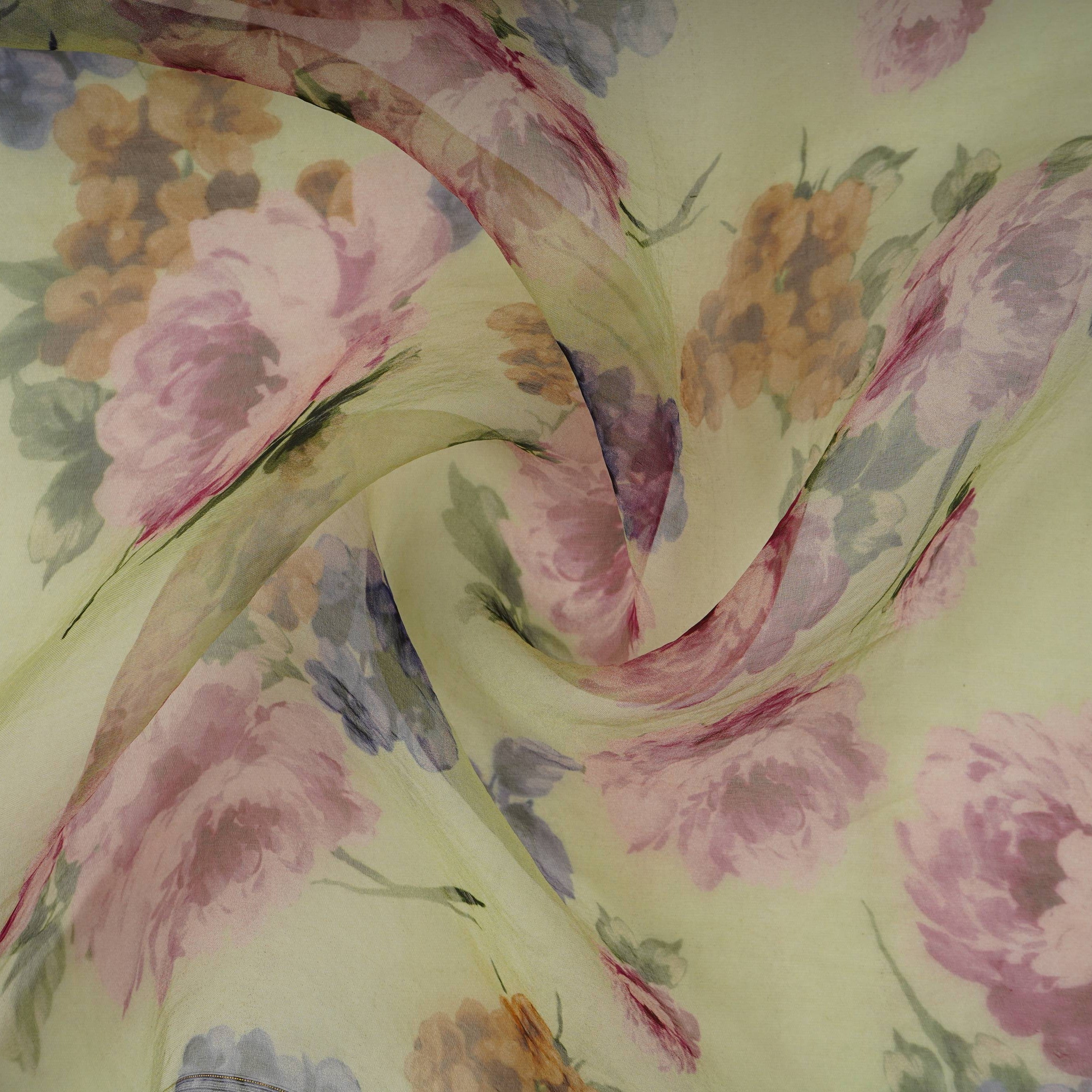 Sage Green floral print 22gm Pure Silk Organza Fabric GTS-31141 - TradeUNO