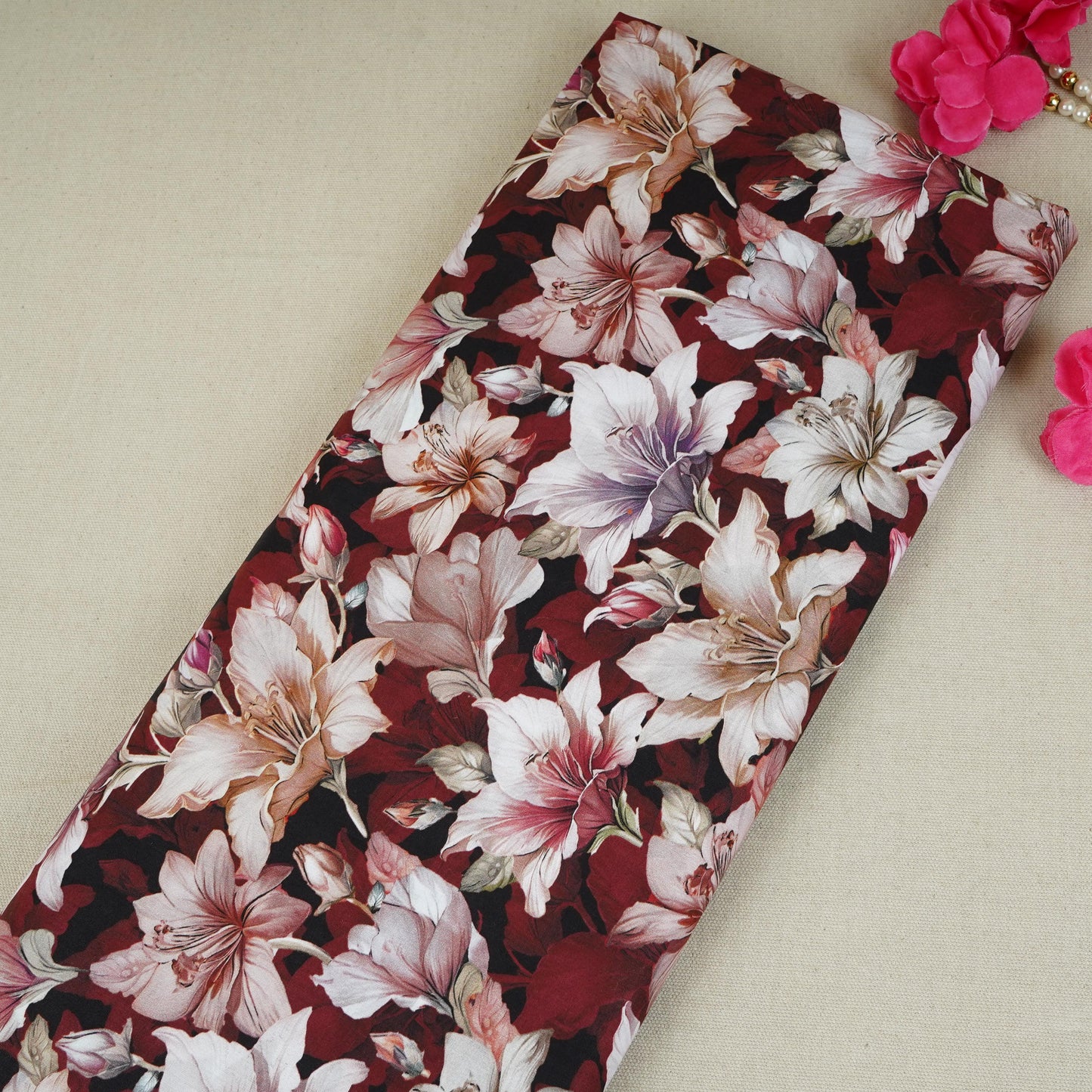 Dark Maroon with Light Pink Floral Print Cotton Mulmul Fabric PG-30476