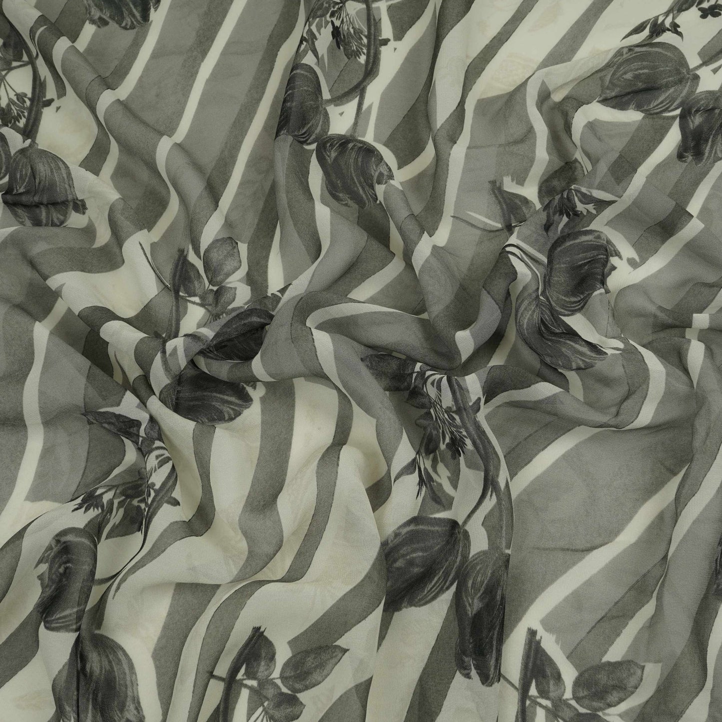Black With Cream Floral Print Georgette Fabric VP-32360