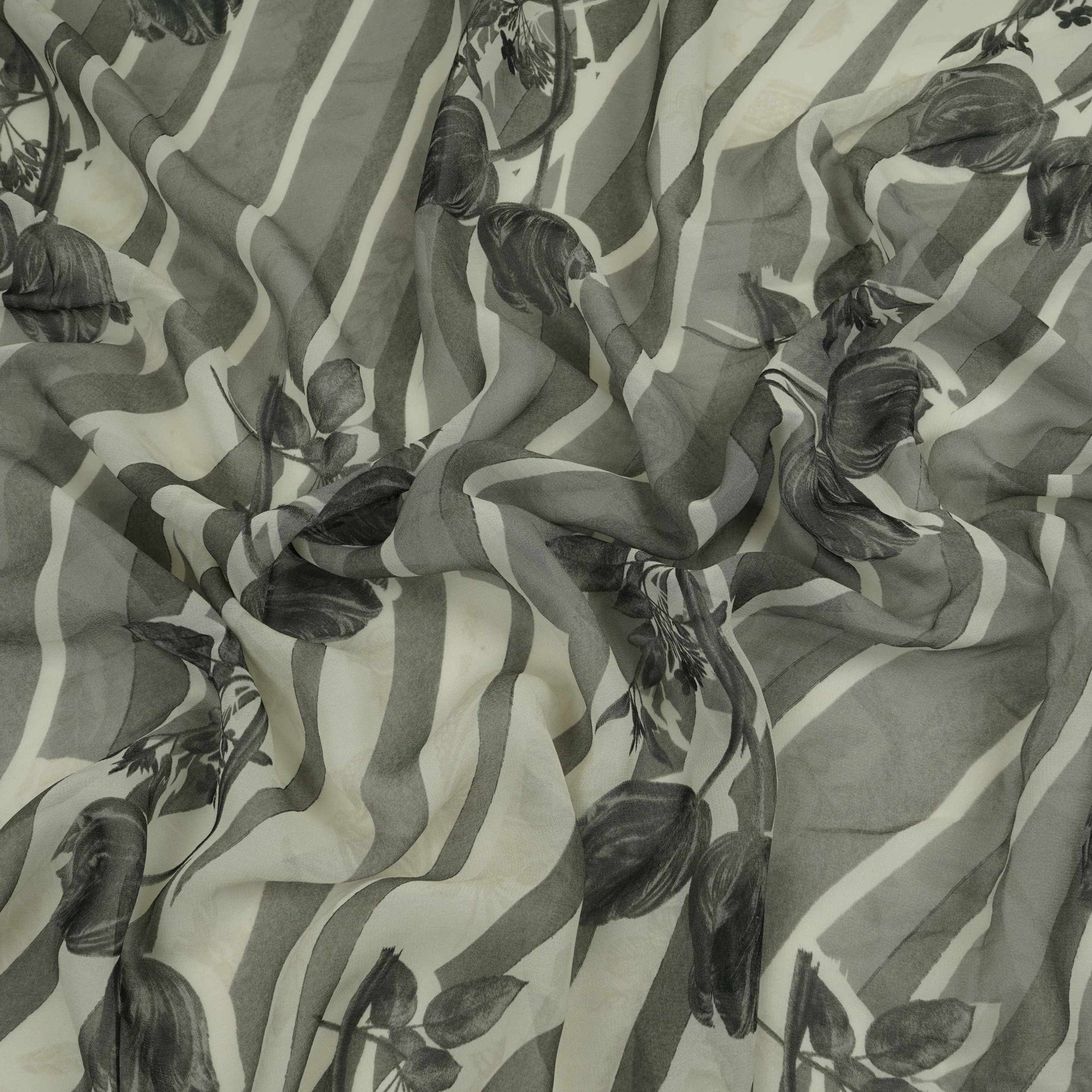 Black With Cream Floral Print Georgette Fabric VP-32360 - TradeUNO