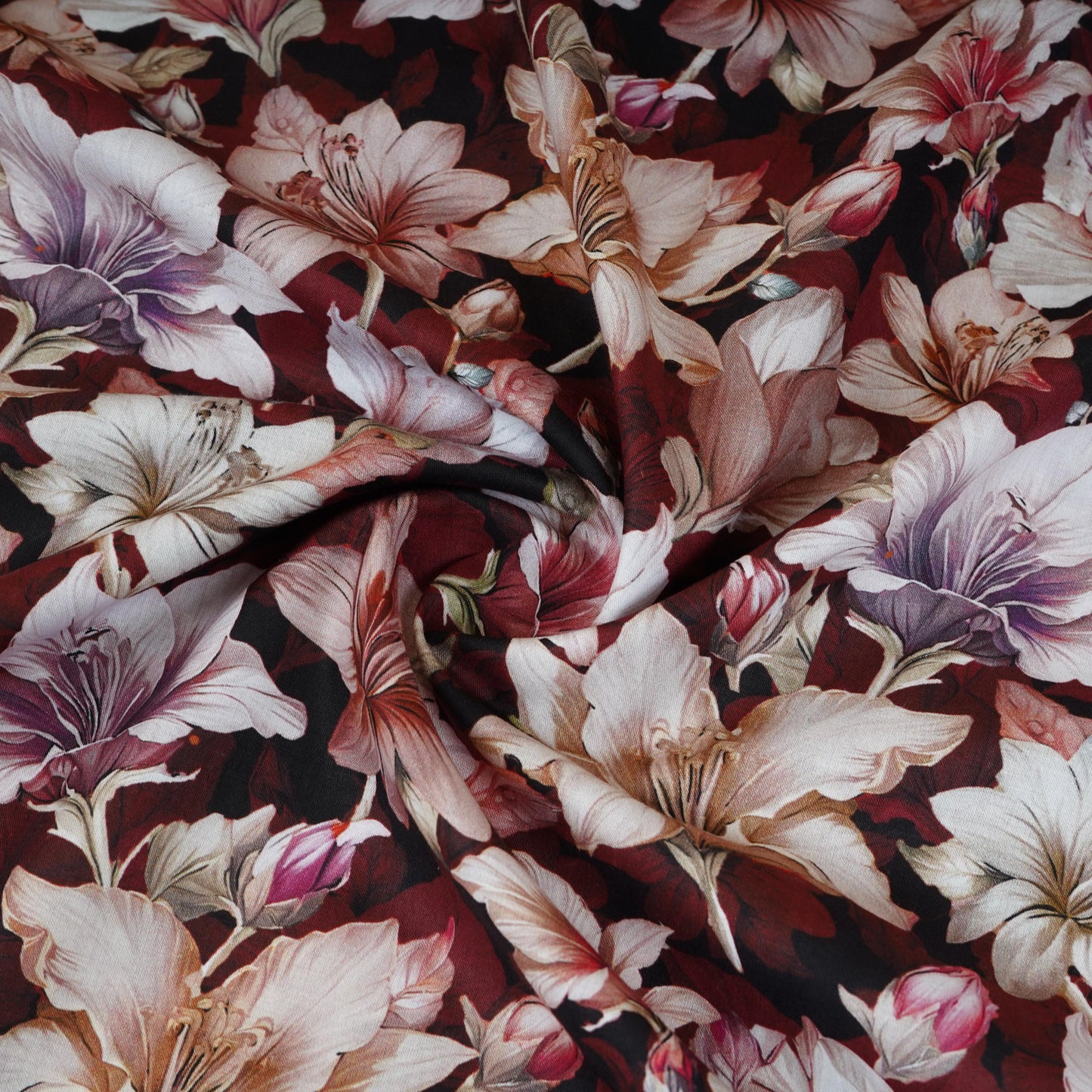 Dark Maroon with Light Pink Floral Print Cotton Mulmul Fabric PG-30476
