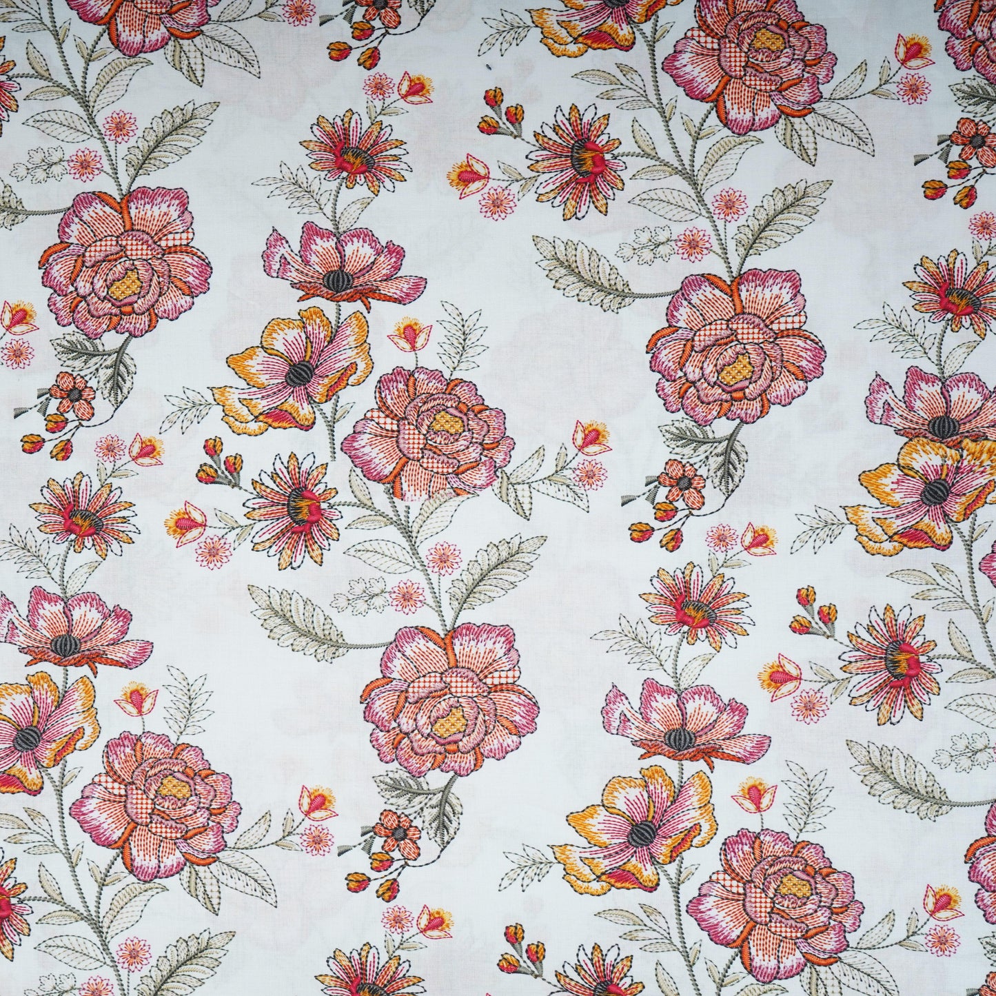 White with Pink Floral Print Cotton Mulmul Fabric PG-30471