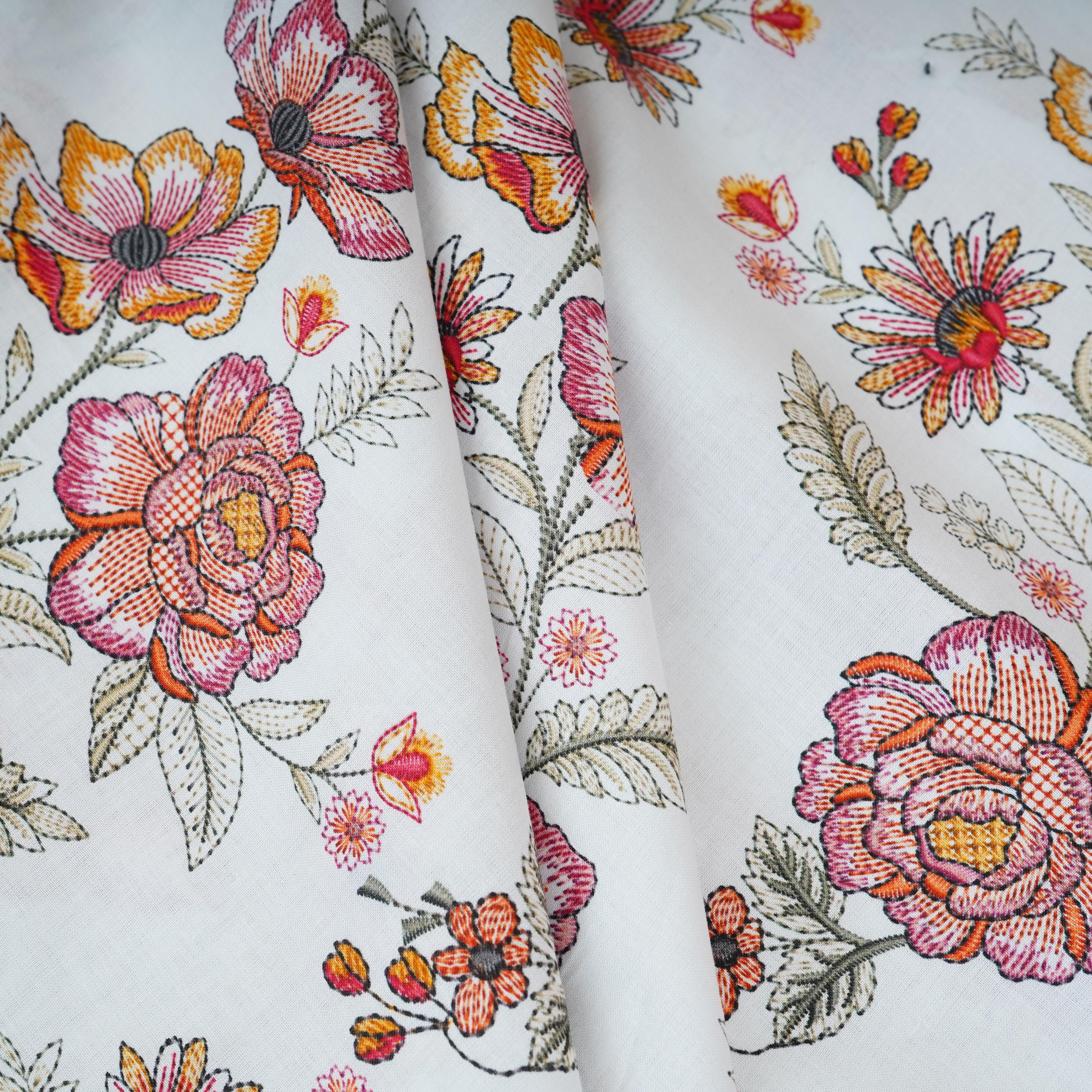 White with Pink Floral Print Cotton Mulmul Fabric PG-30471 - TradeUNO