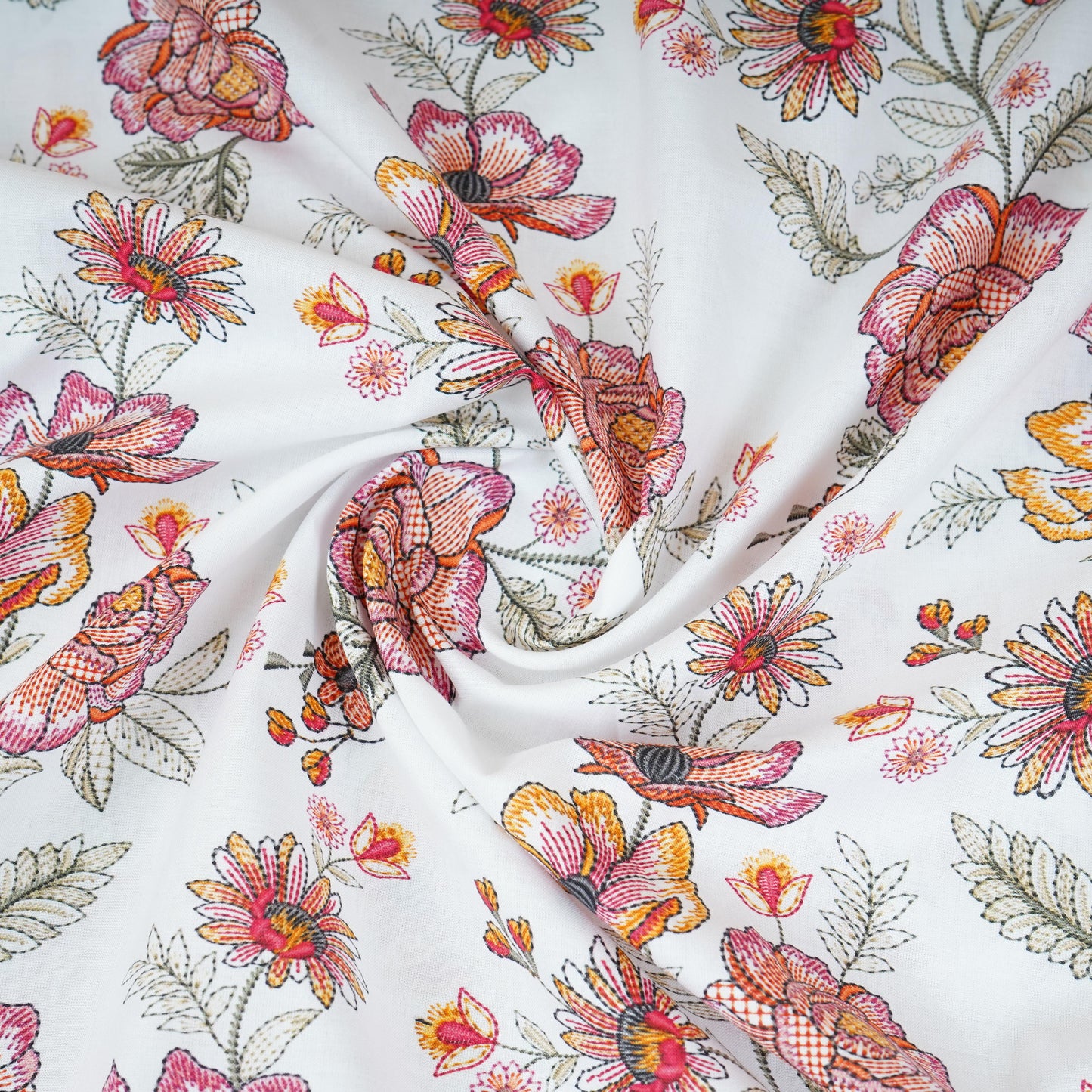 White with Pink Floral Print Cotton Mulmul Fabric PG-30471