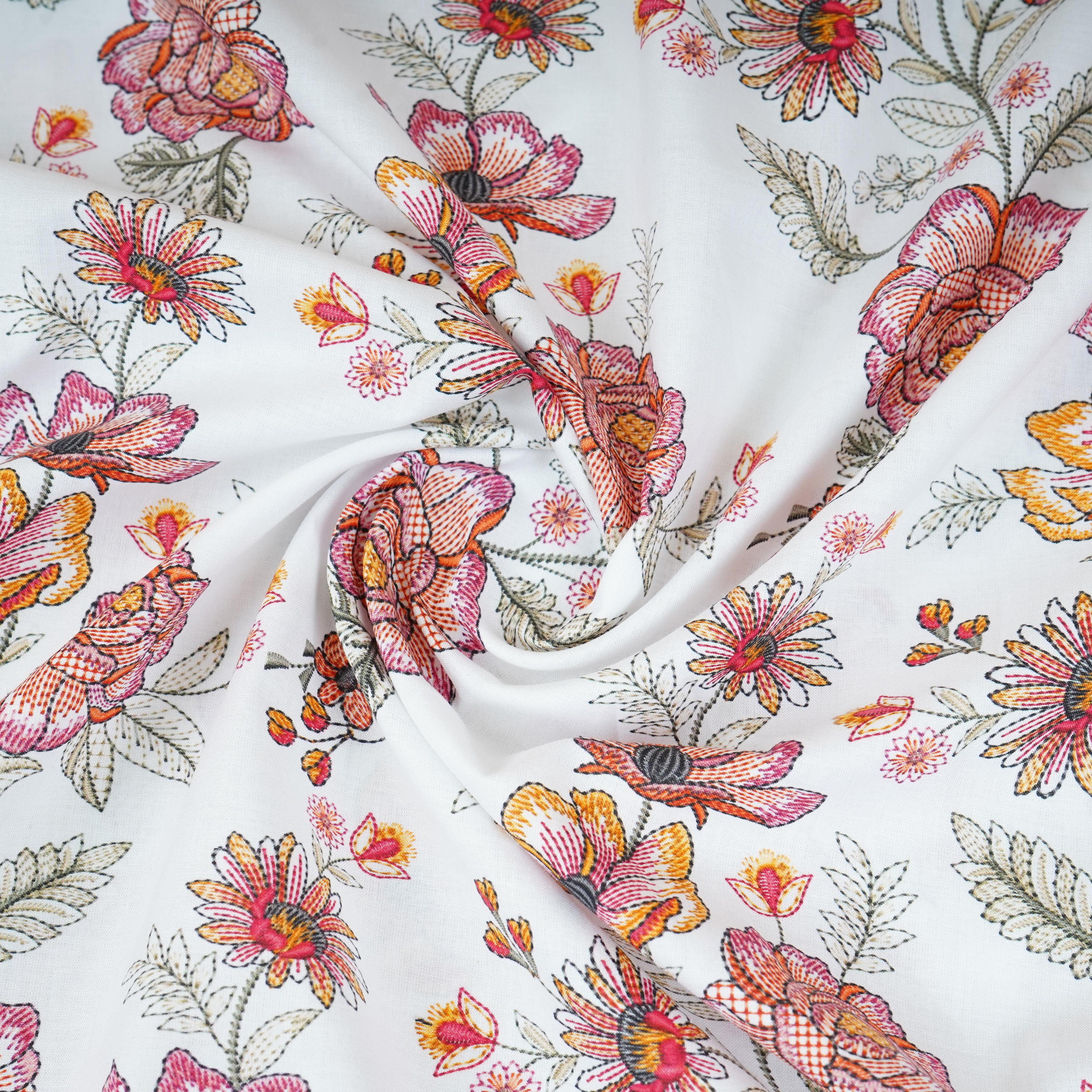 White with Pink Floral Print Cotton Mulmul Fabric PG-30471 - TradeUNO