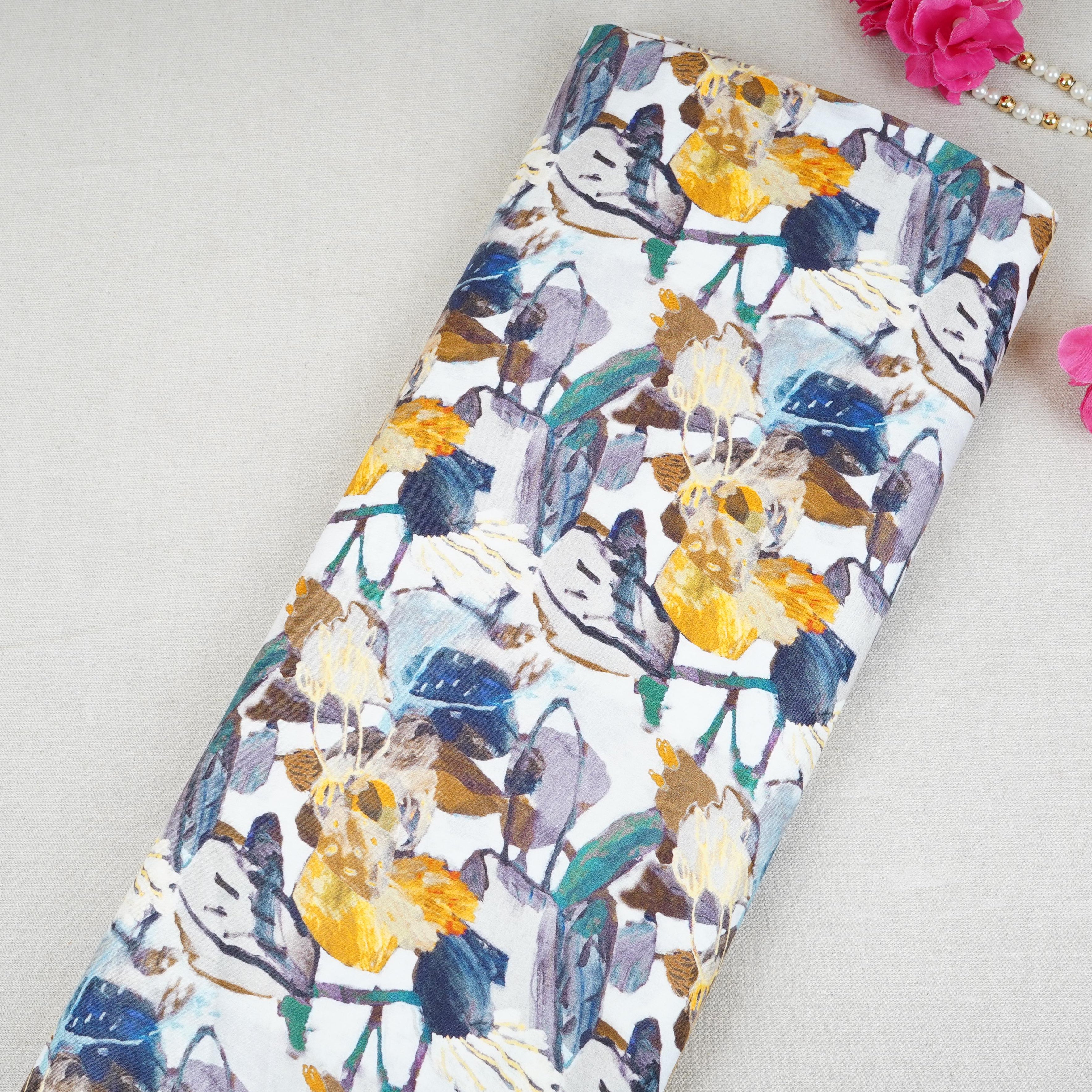 Cream with Black Floral Print Cotton Satin Fabric PG-30442 - TradeUNO