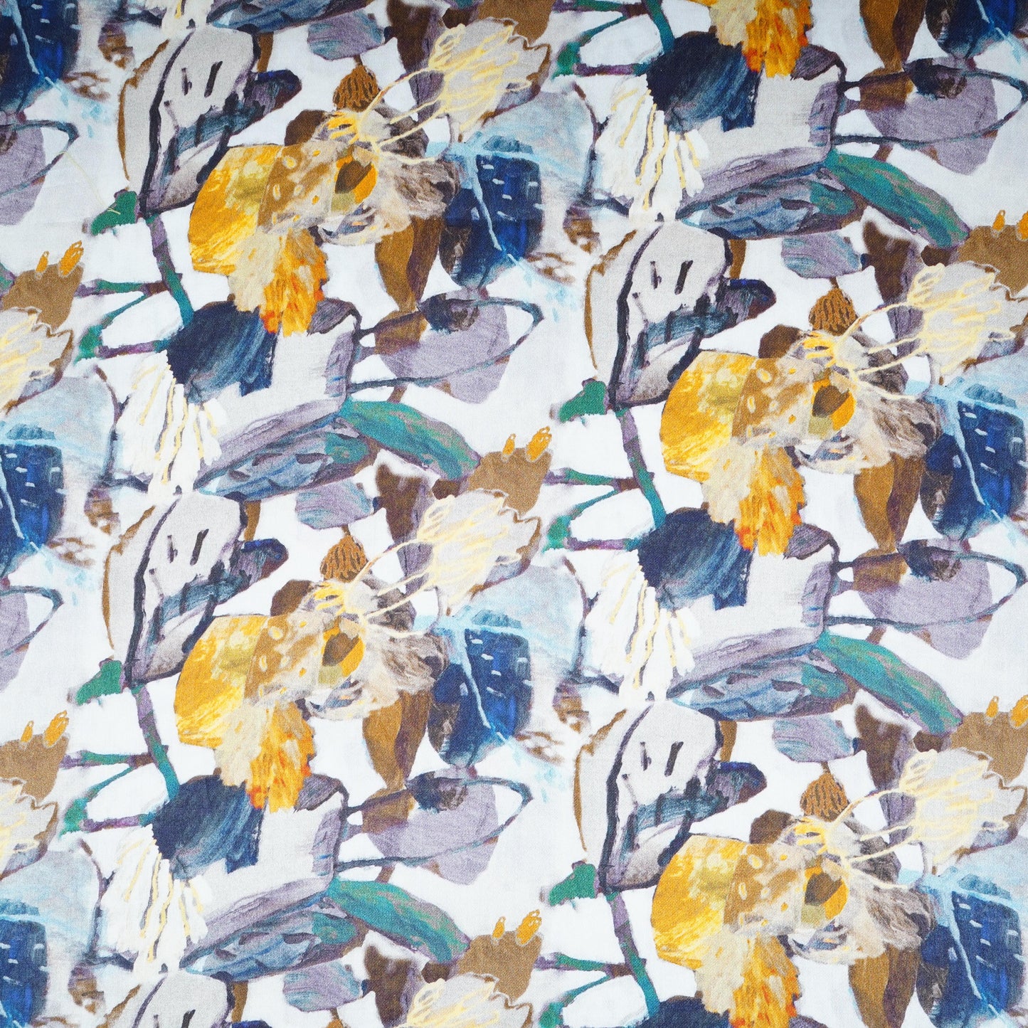 Cream with Black Floral Print Cotton Satin Fabric PG-30442