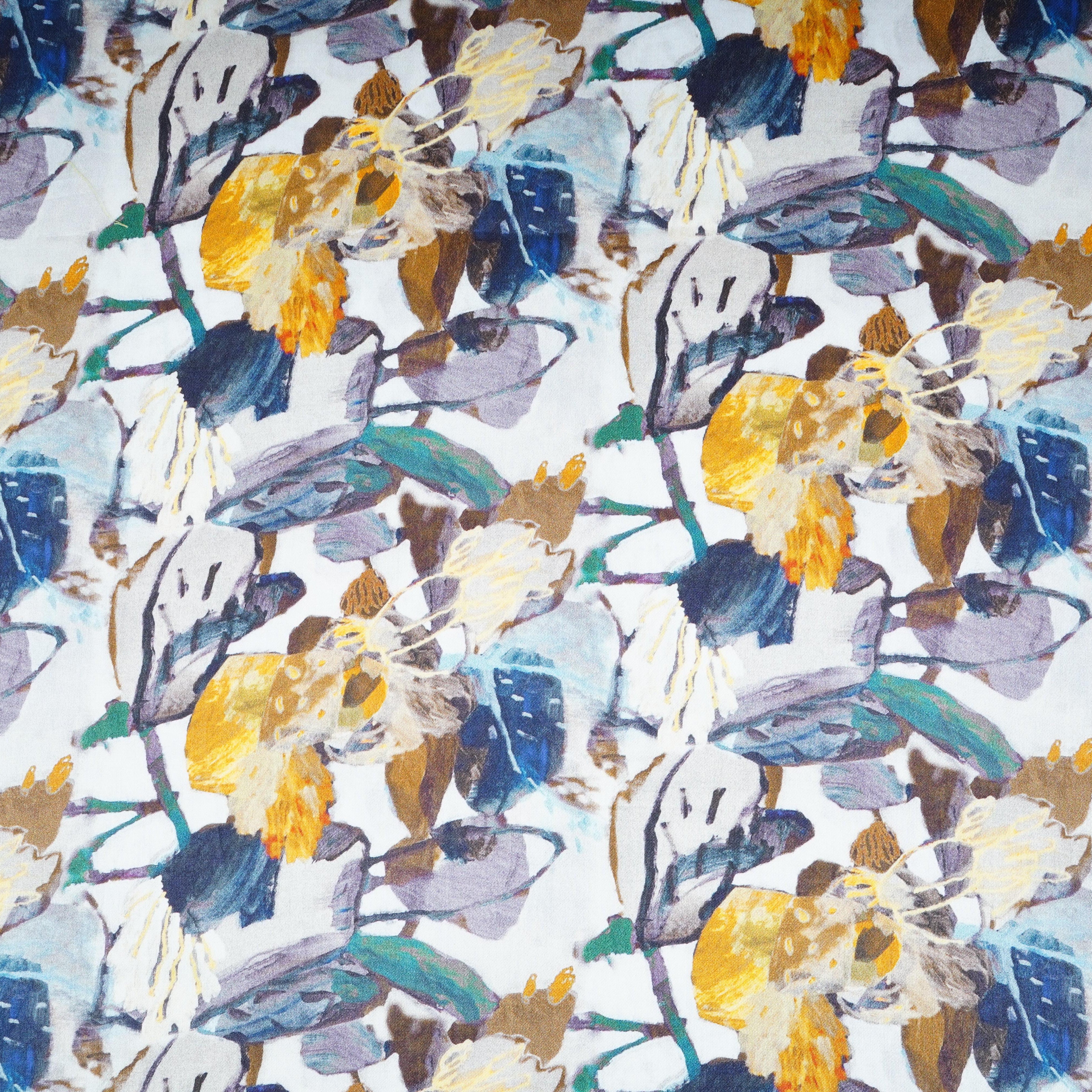 Cream with Black Floral Print Cotton Satin Fabric PG-30442 - TradeUNO