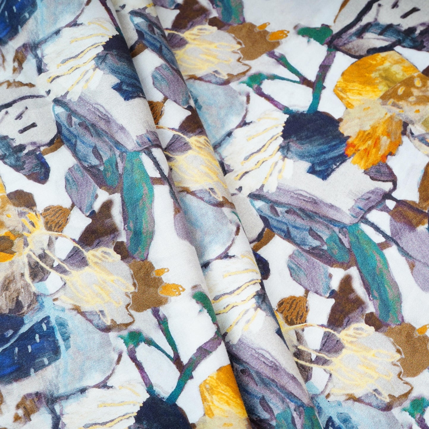 Cream with Black Floral Print Cotton Satin Fabric PG-30442