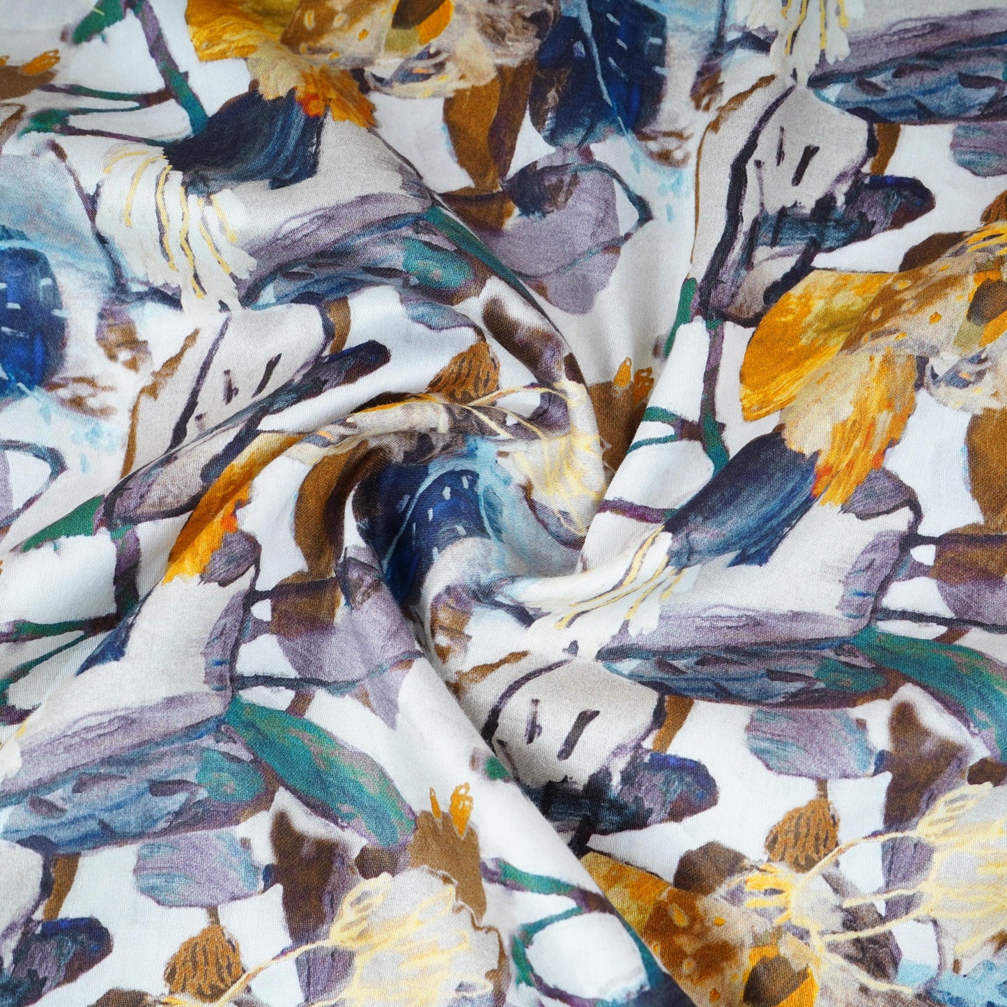 Cream with Black Floral Print Cotton Satin Fabric PG-30442