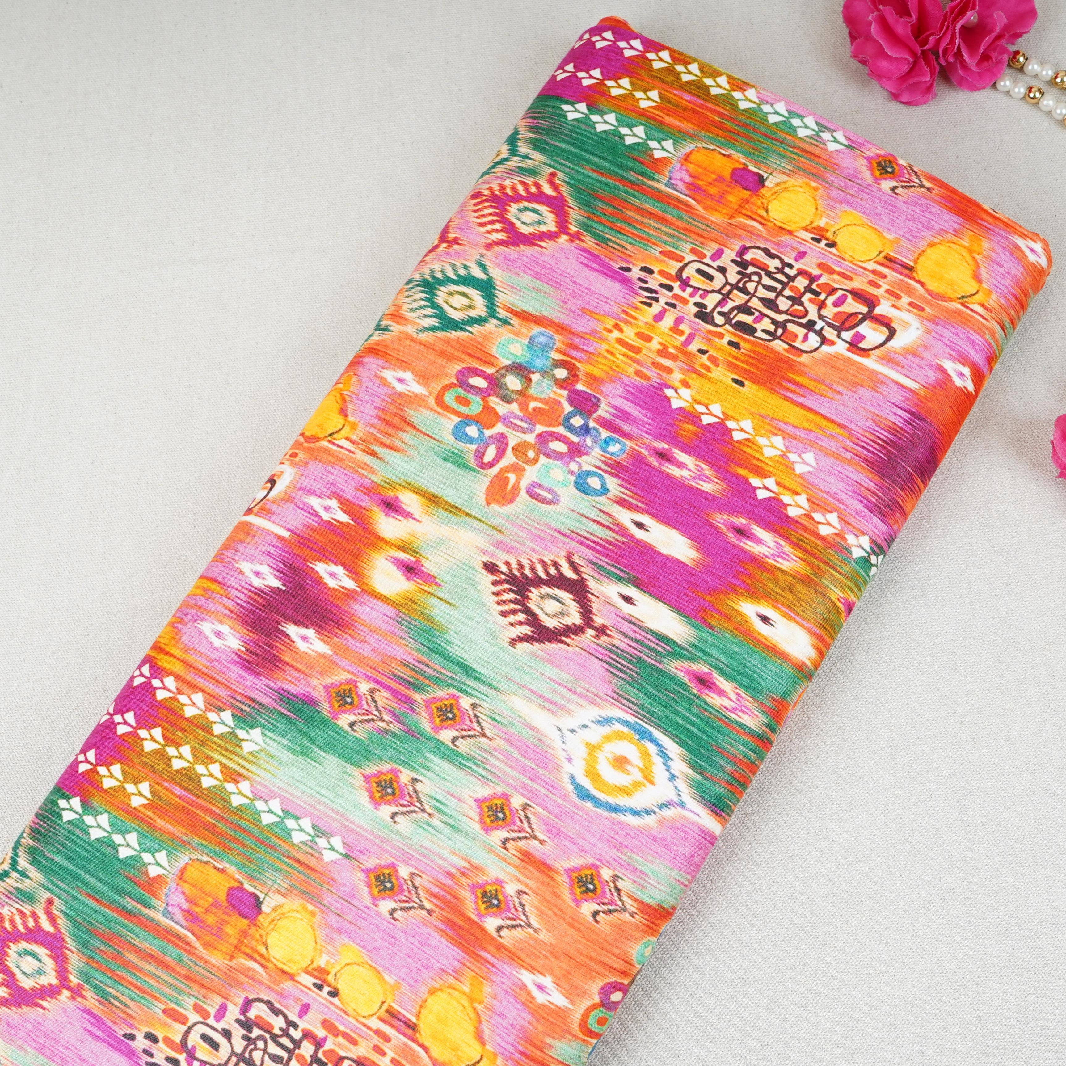 Multicolor Ikkat Print Cotton Satin Fabric PG-30436 - TradeUNO