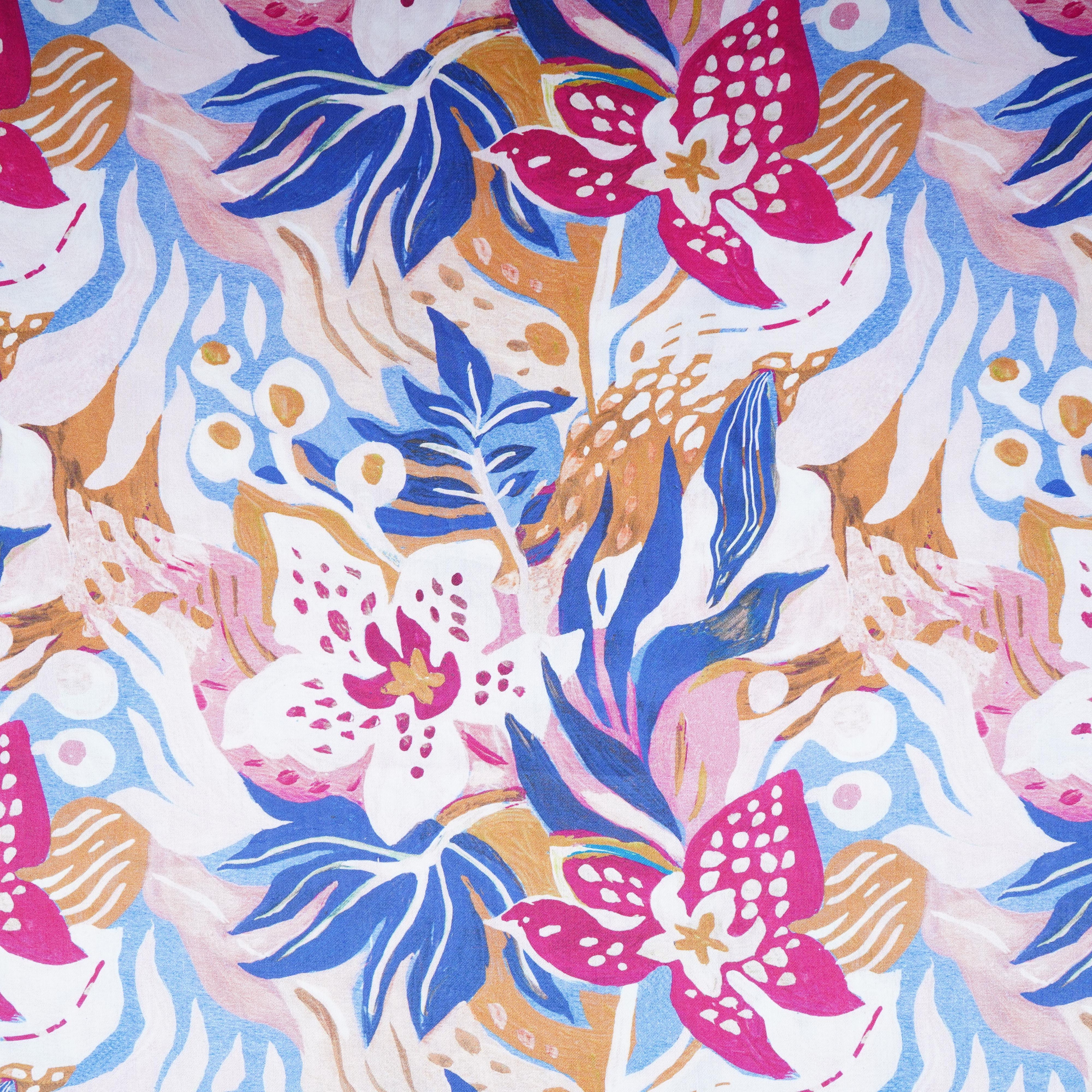 Blue with White Floral Print Cotton Satin Fabric PG-30437 - TradeUNO