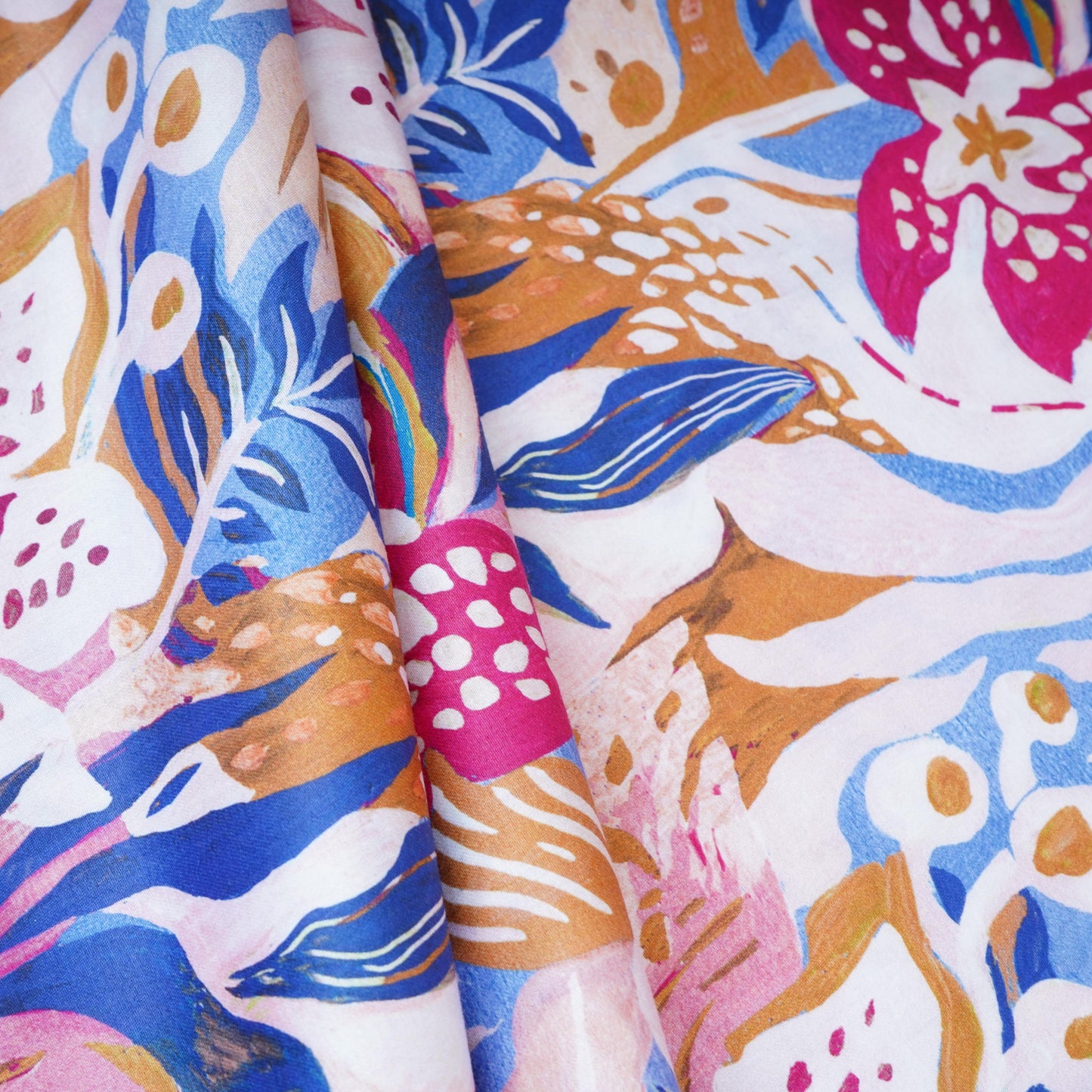 Blue with White Floral Print Cotton Satin Fabric PG-30437