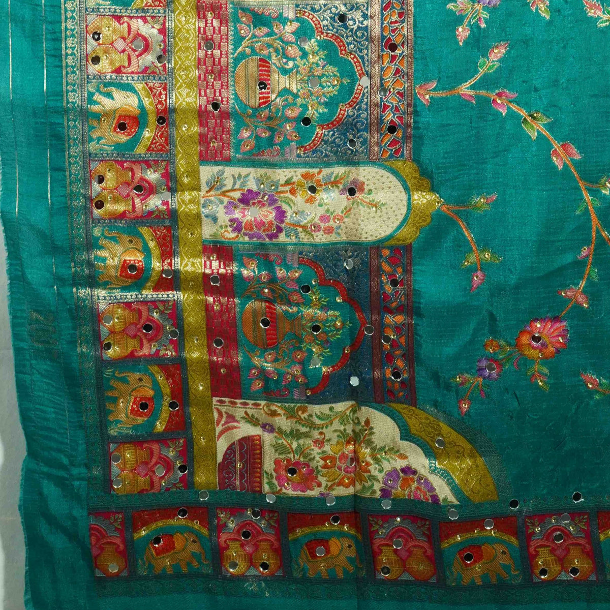 Bottle Green Gharchola Multicolor Zari Mirror Work Jacquard Dupatta SU-33649 – image 3 of 4