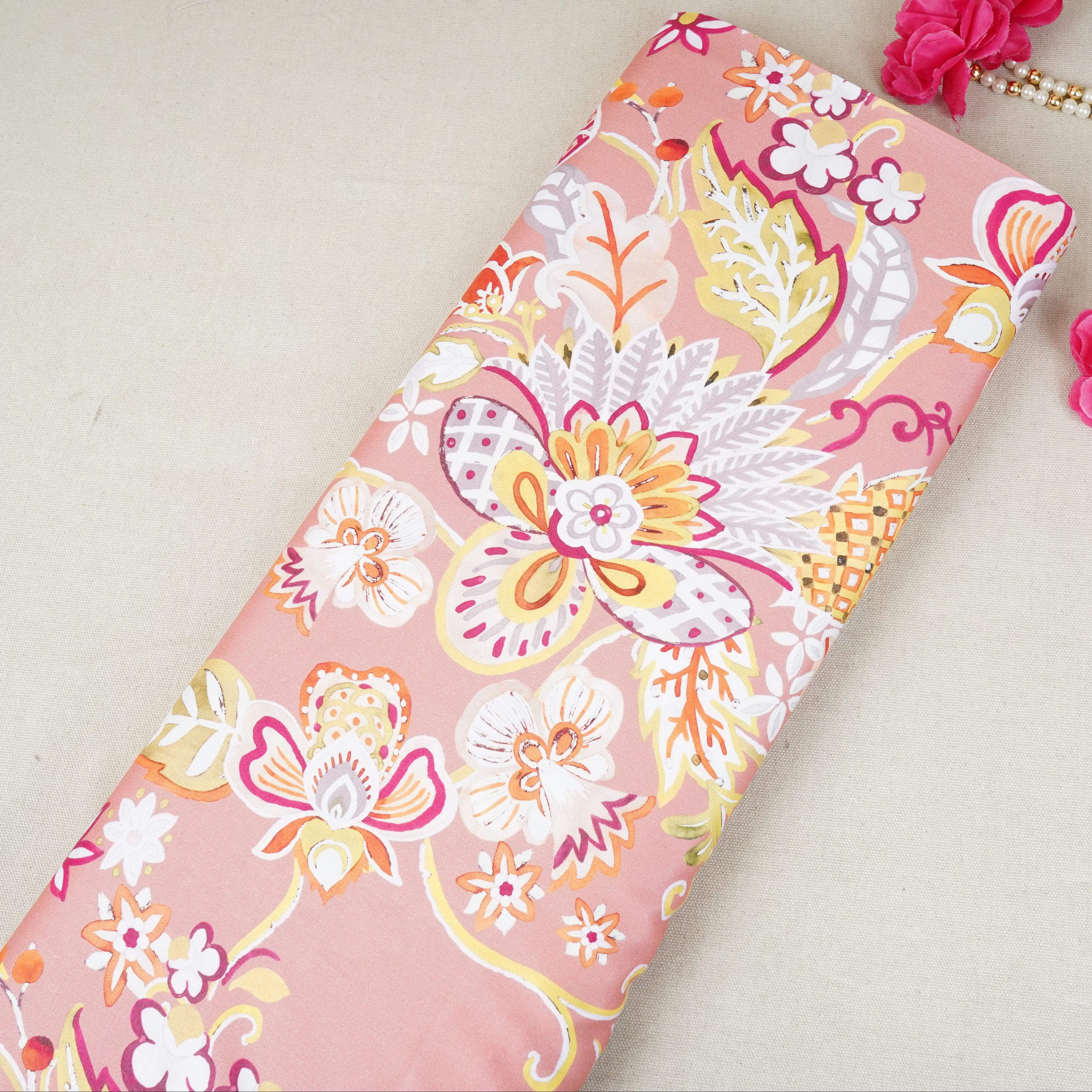 Pink with Multicolor Floral Print Cotton Satin Fabric PG-30447 - TradeUNO